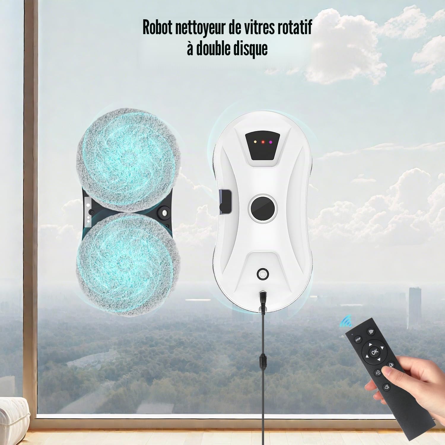 Robot Laveur de Vitre, 5600Pa Laveur de Vitre Automatique avec Fonction de Pulvérisation, Navigation Intelligente, 3 Modes de Nettoyage, Corde de Sécurité et UPS, pour Fenêtres, Verre, Miroirs