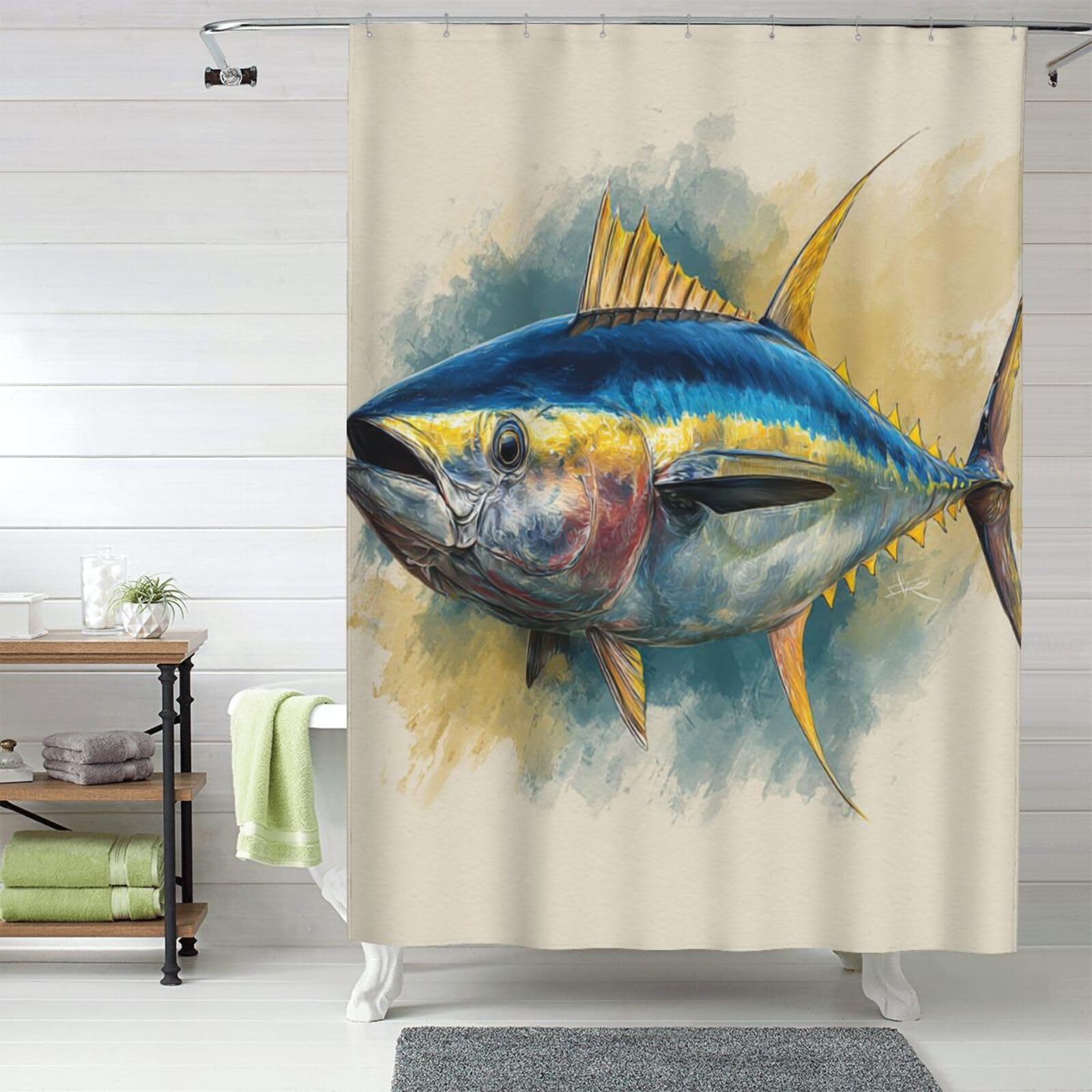 MXZERFKGLA Shower Curtain Set with 12 Hooks Waterproof Fabric Washable Curtain Modern Farmhouse Bath Curtains Bluefin Tuna Thunnus Shower Curtains for Bathroom Bathtub Decoration 60x72 Inches