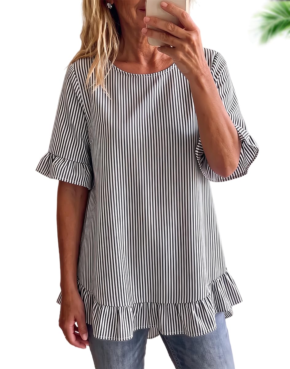 Blusa Holgada de Manga Tres Cuartos con Volantes y Rayas