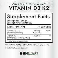 Vista 4 de Built by Nature Vitamina D3 K2 5000 UI + 100 mcg MK-7 – Extra fuerza, alta absorción – Apoyo óseo, corazón e inmunológico – Aceite de coco MCT – Sin