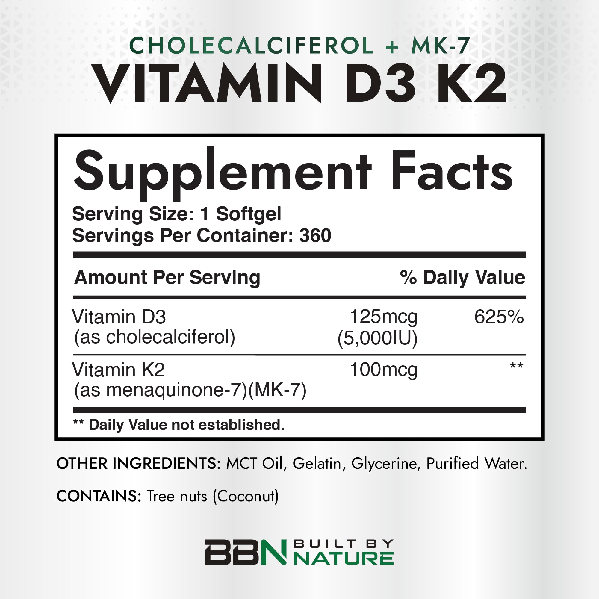 Built by Nature Vitamin D3 K2, 5000 IU + 100 mcg MK-7, 360 Softgels Extra Strength, High Absorption, Bone, Heart & Immune Support, Coconut MCT Oil, Non-GMO, 1 Year Supply — Amazon image 4