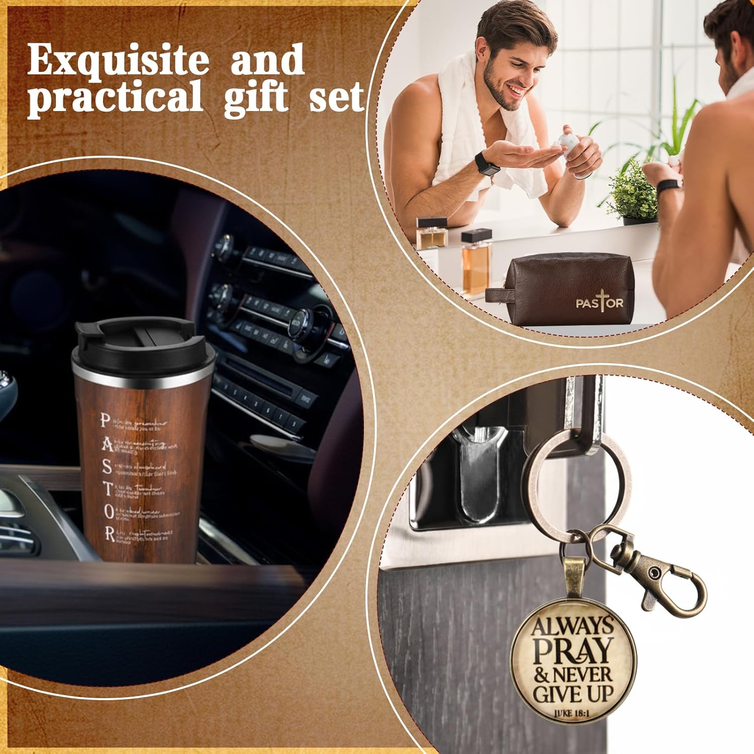 Roshtia 3 Pcs Christian Gifts for Men 20 oz Stainless Steel Tumbler with Lid and Straw Leather Toiletry Bag Inspirational Keychain Religious Gifts for Dad Husband Coworker - Image 6