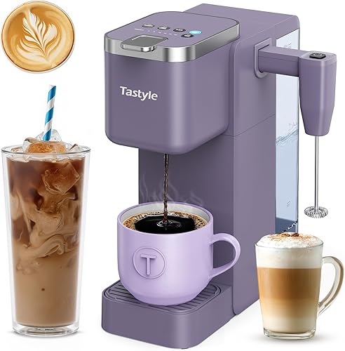 Miniatura 10 de Cafetera de una sola porción con espumador de leche desmontable integrado, máquina de café helado y caliente para cápsulas K y café molido, depósito