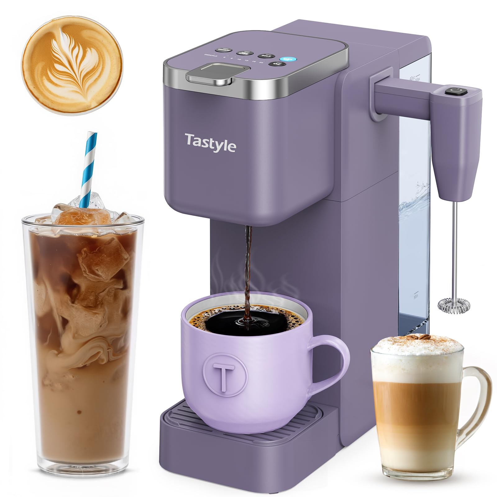 Photo 1 of Tastyle 330MF Single Serve Coffee Maker with Built-in Detachable Milk Frother, Iced and Hot Coffee Machine for K Cup & Grounds, 40oz Removable Water Tank, 6 Cup Sizes, Fits 7.3" Travel Mug, Purple
