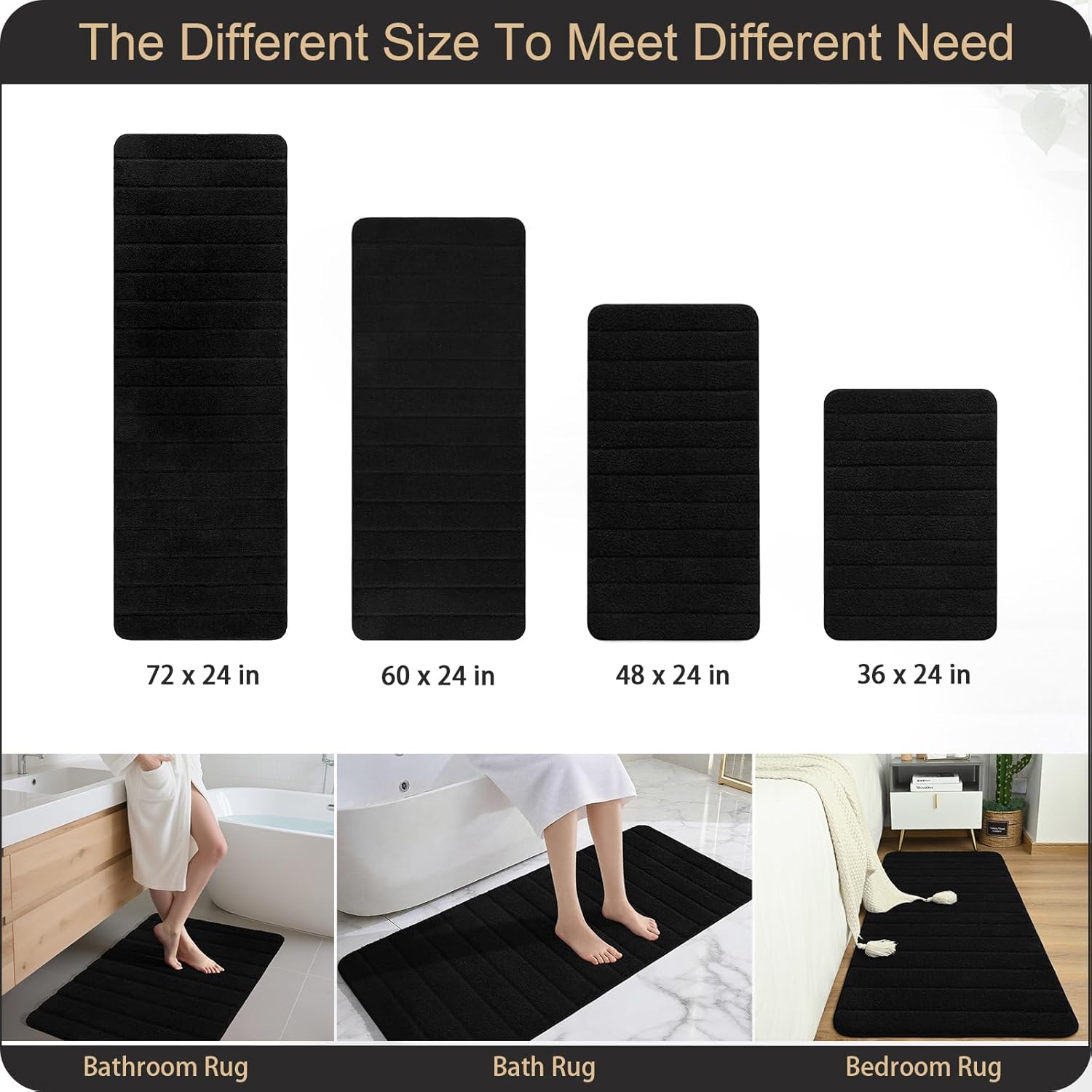 AROGAN Luxury Long Bathroom Runner Rugs, Thick Soft and Absorbent Microfiber Non Slip Bath Mat, Rubber Backing Striped Rug Carpets, Machine Washable Plush Mats for Bathroom Floor, 24x60 Inch Black - Image 9