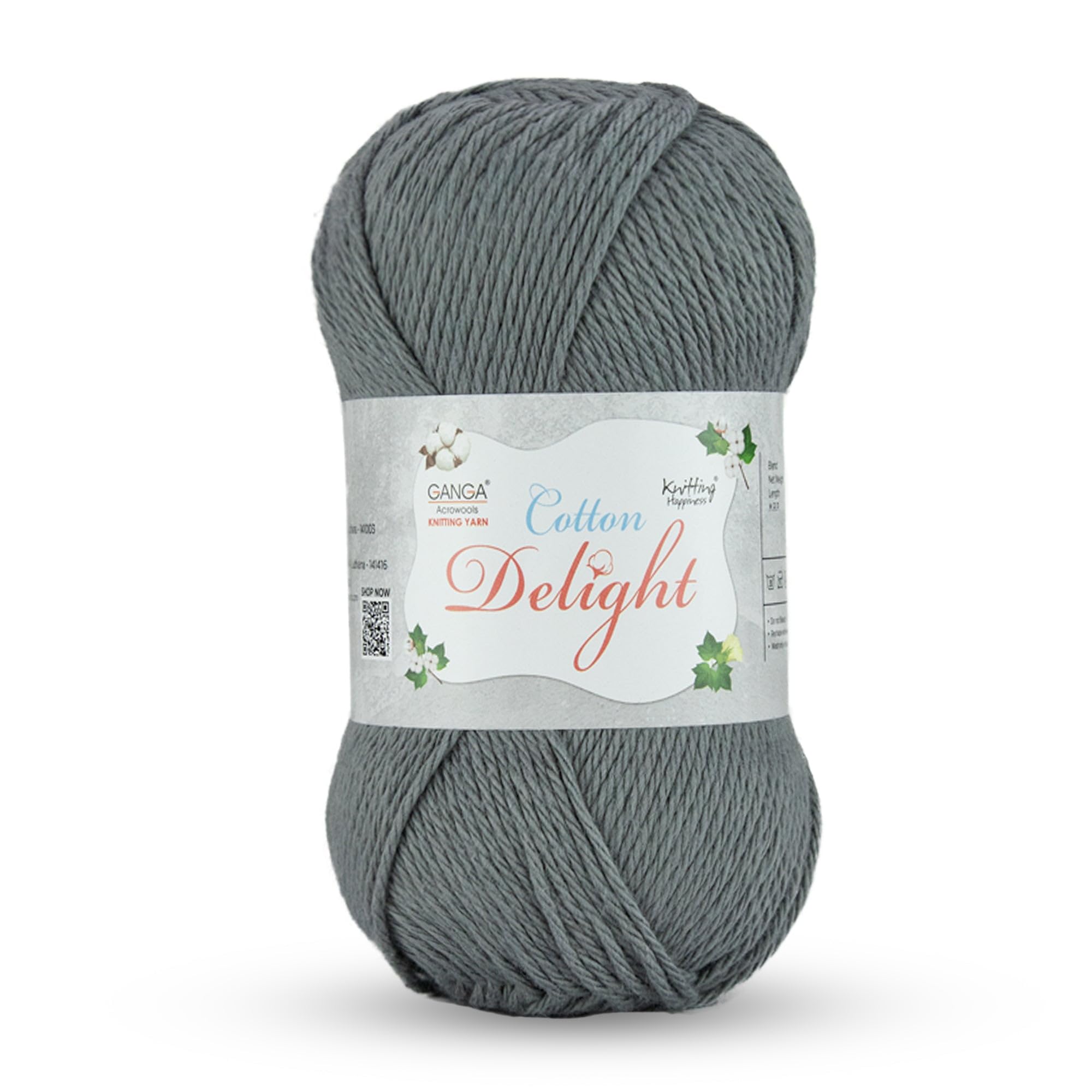 Ganga Acrowools Cotton Delight, Dk Weight Cotton Yarn, Oekotex Class L Certified 100G, 169M (A Dark Grey)