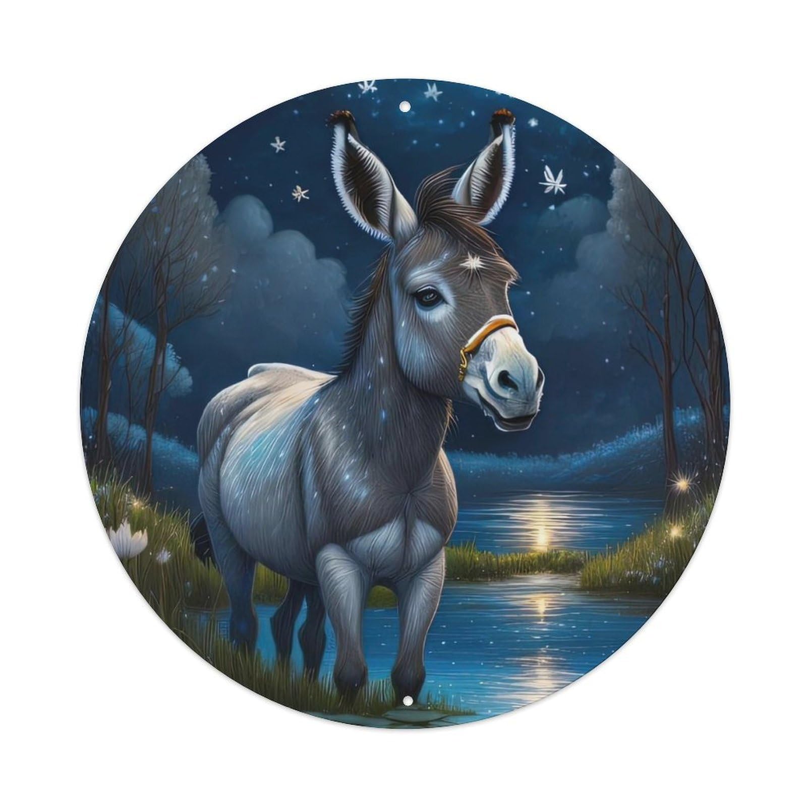 Animal Artwork Donkey by The River Vintage Metal Tin Sign Plaque Wall Decor for Cafe, Club, Garden Round Metal Poster 8x8Inch