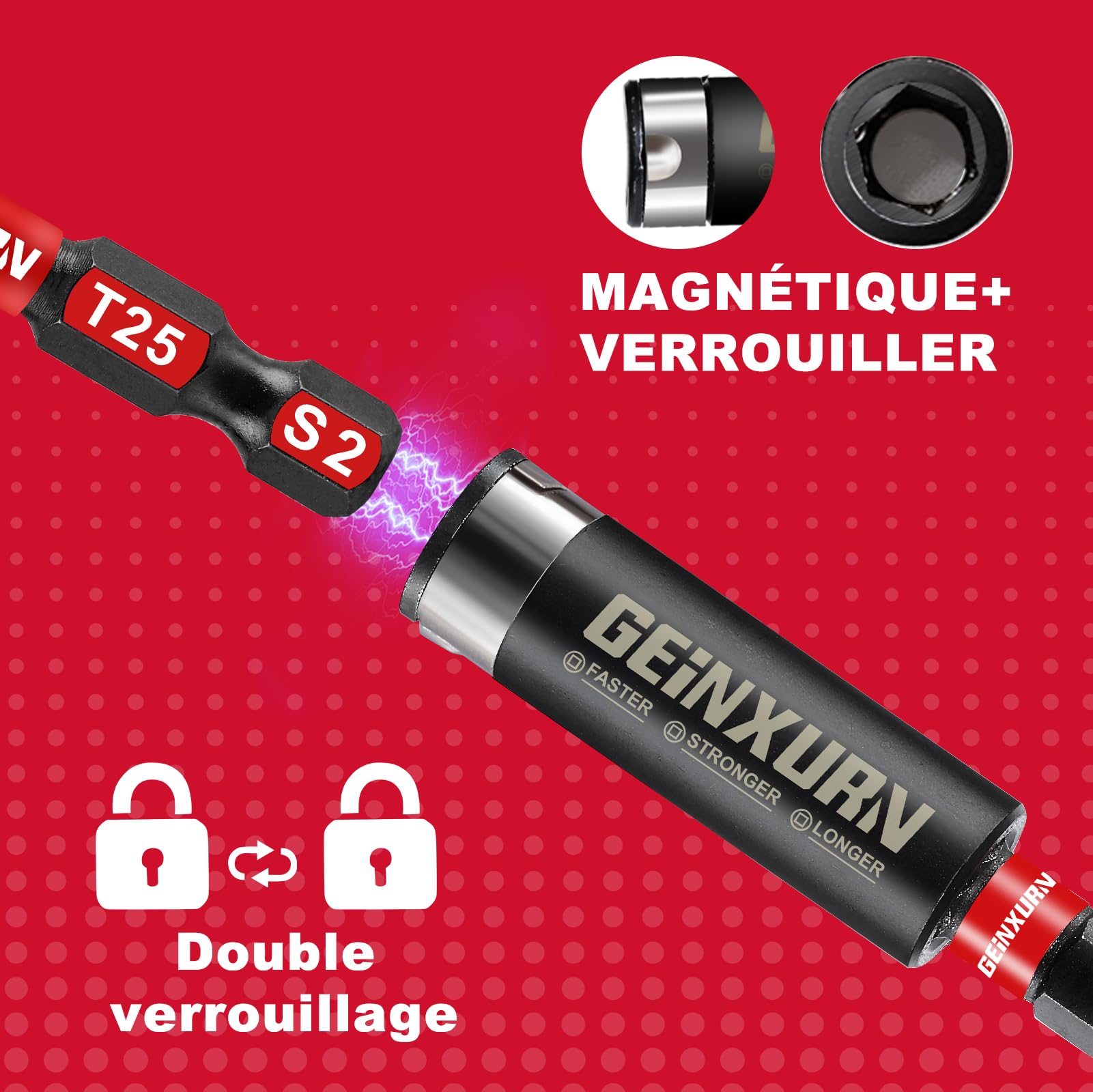 Geinxurn Professional 68 Pièces Embouts de Vissage aux Chocs (PH-, TX-, PZ-, SL-, Hex), Embout Magnétique pour Visseuse Tournevis Tige Hexagonale 1/4" S2 en Acier Allié avec Porte-embout de 75 mm