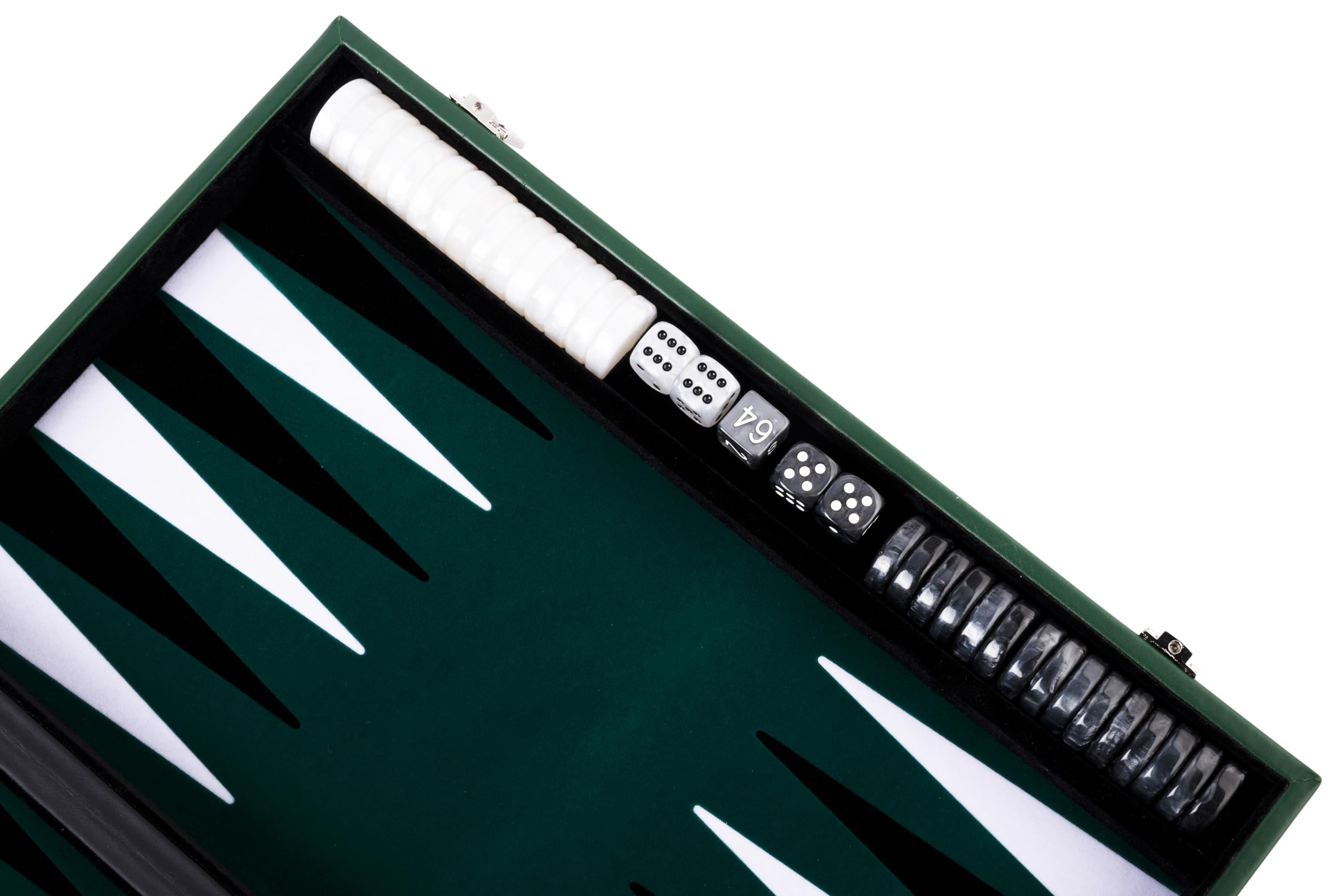 Engelhart - 250529 - Backgammon Deluxe de 15 Pulgadas - 38 cm - Juego de Backgammon de Fieltro con Incrustaciones - Piedras de Perlas y Dados - Verde/Negro/Blanco
