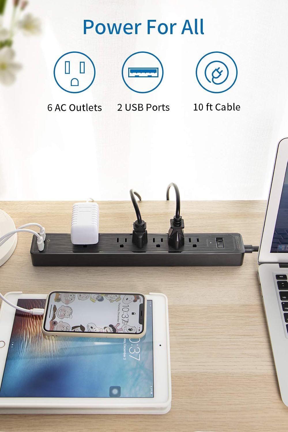 NTONPOWER Surge Protector Power Strip with 15 ft Heave Duty Extension Cord, Flat Plug Power Strip with 6 Outlets 2 USB, Wall Mountable, 15A Circuit Breaker for Office Home Theater, 1080 Joules, Black