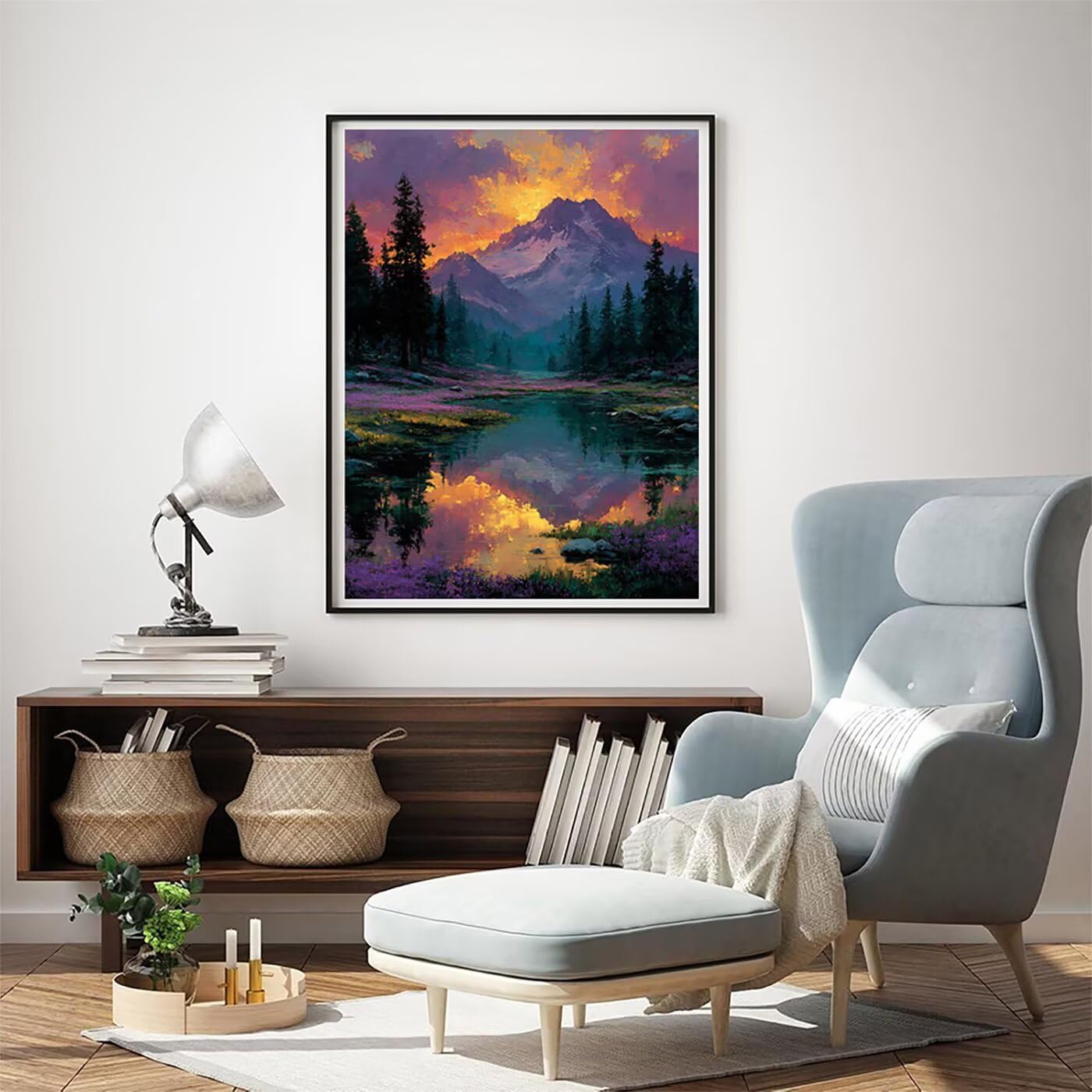 Landschaft Berg Malen Nach Zahlen Erwachsene, Paint by Numbers Adult Anfänger Set, Heimwerk Malen Nach Zahlen Kinder Mit Rahmen, 3 Pinsel und 36 Acrylfarbe Als für Deko Wohnzimmer 60 x 80 cm BJHDK448