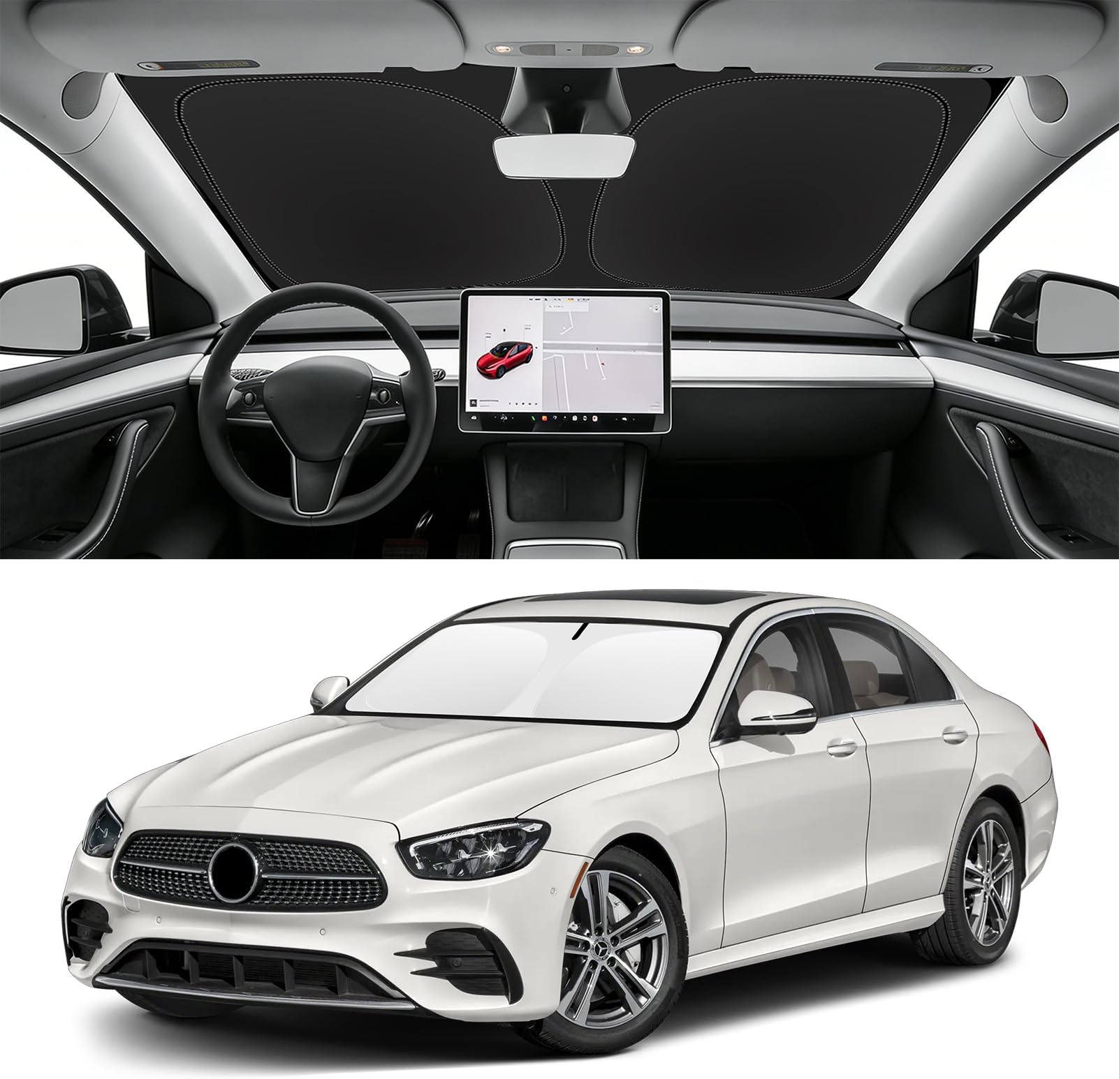Car Windshield Sunshade for Mercedes Benz SLC E-Class E200 E260 E300 E350 & for BMW 1 2 Series,Front Window Sun Shades Shield Cover Visor Protector 240T Reflective Fabric Car Accessories (S:61x29.1)