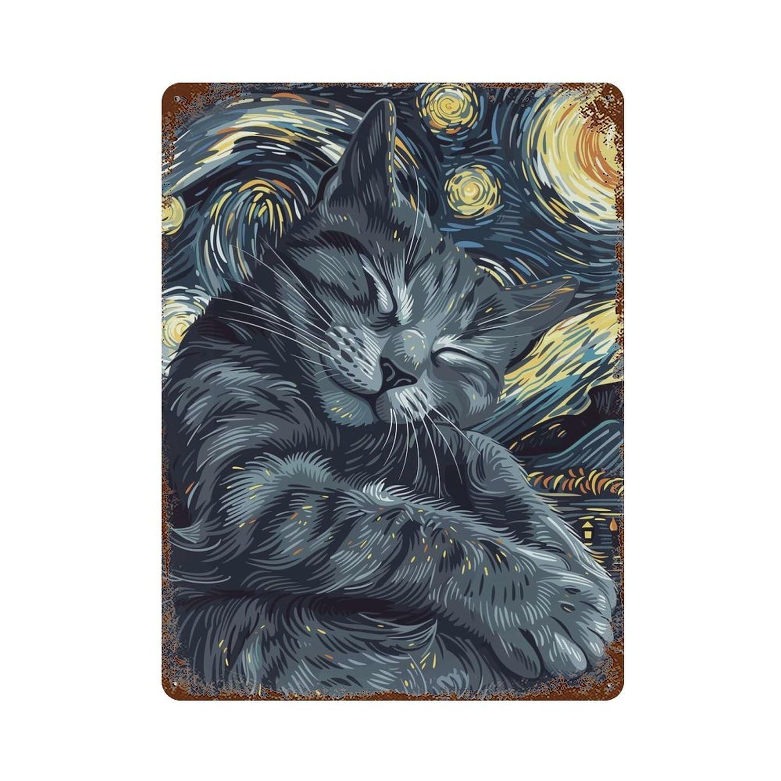 Cat in Starry Night Style Vintage Rust Metal Sign 15.7"x11.8", Farmhouse Wall Decor for Garage, Pub Or Kitchen