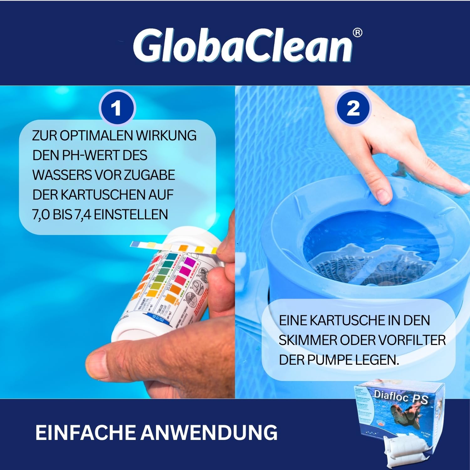 GlobaClean 2X 1kg Flockmittel Pool Kartuschen 16 x 125g für Sandfilter & Filterglas. Pool Flockungsmittel und Poolpflege, Poolklar, Poolreiniger, Pool Zubehör für klares Poolwasser