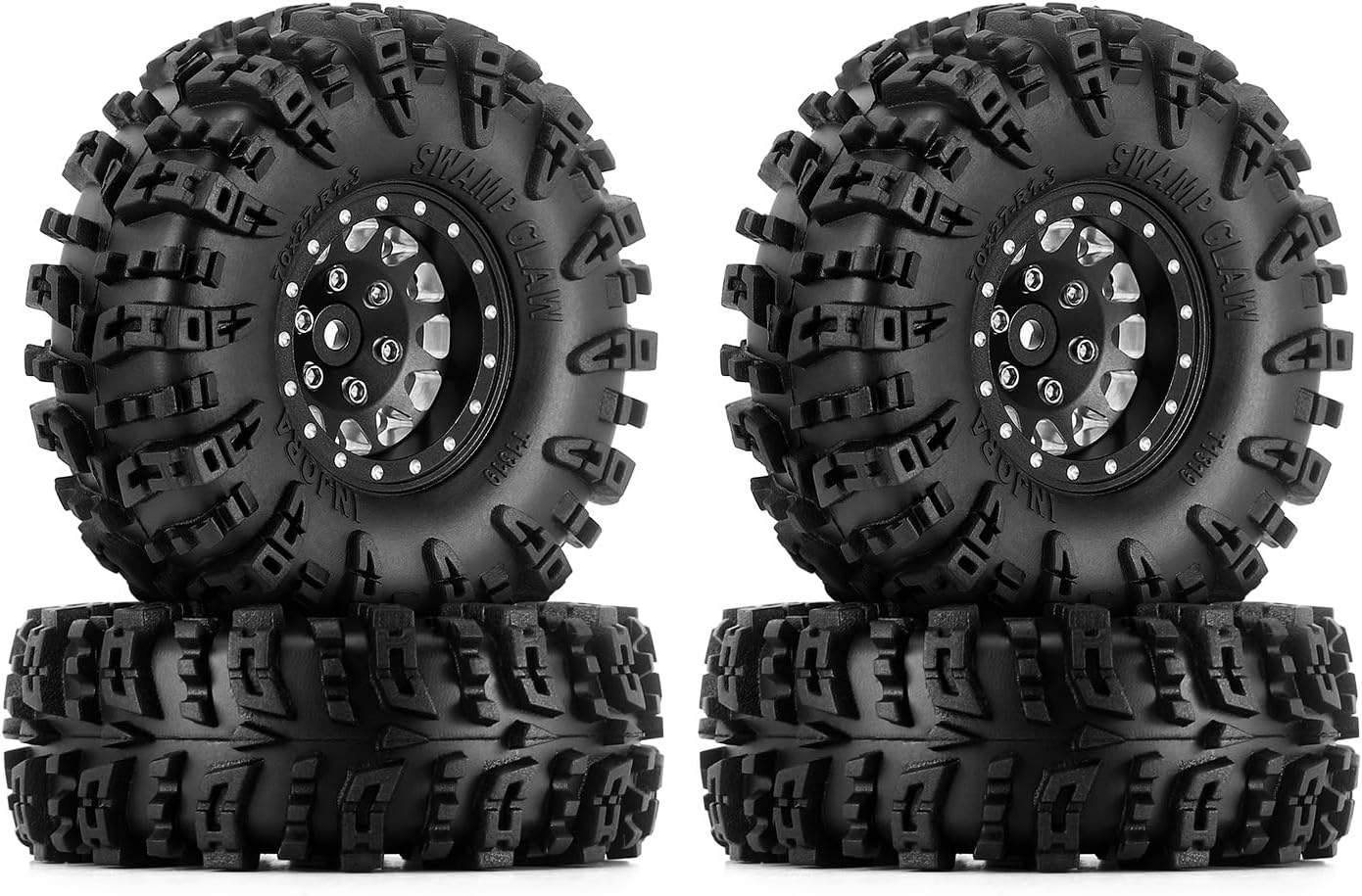 INJORA 1.3 Beadlock Tyre Set S5 Swamp Claw Terrain Rims Tyres 70 x 27 mm for TRX4M SCX24 1/18 1/24 RC Crawler Car, Black