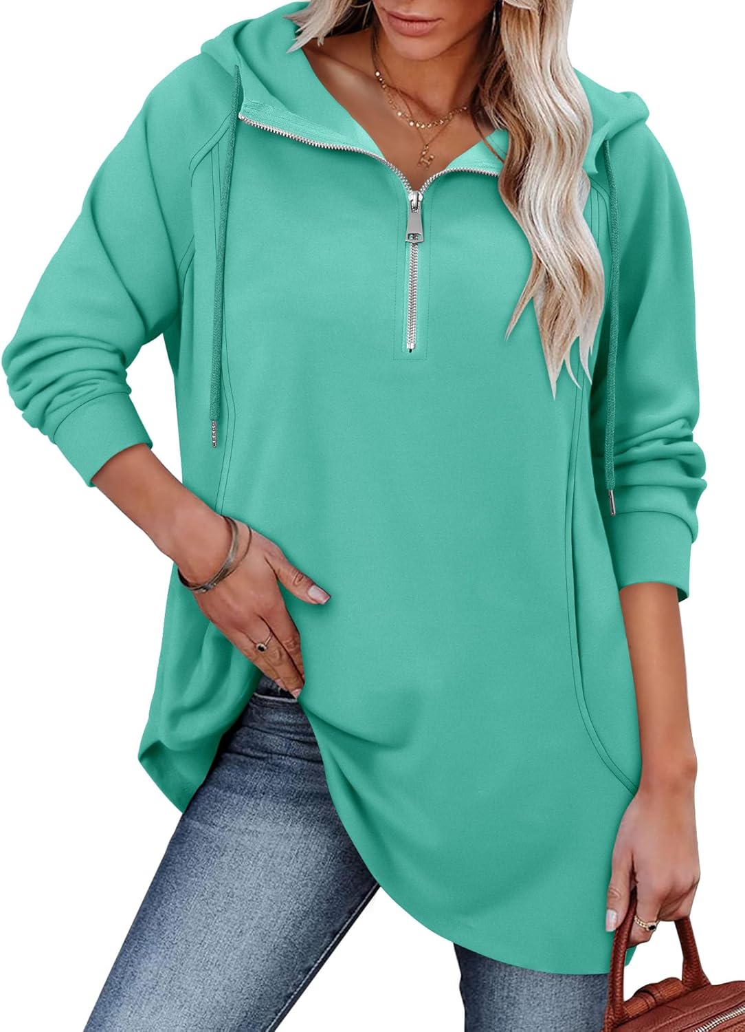 onlypuff Women Hoodie Pullover Trendy Quarter Zipper Lapel Sweatshirts Drawstring Cute Hooded Tunic Tops with Side Pockets - Image 2