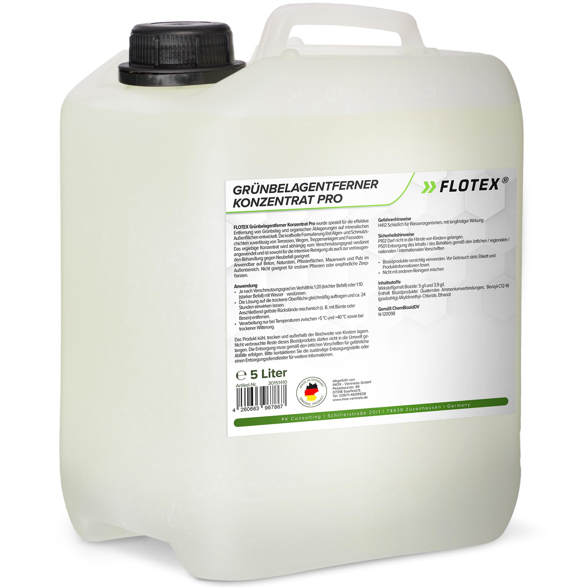 Grünbelagentferner Konzentrat Pro 1x5 Liter | Moosentferner entfernt Flechten, Algen & Grünspan | Steinreiniger Intensiv Aussen für Pflastersteine, Terrasse & Beton