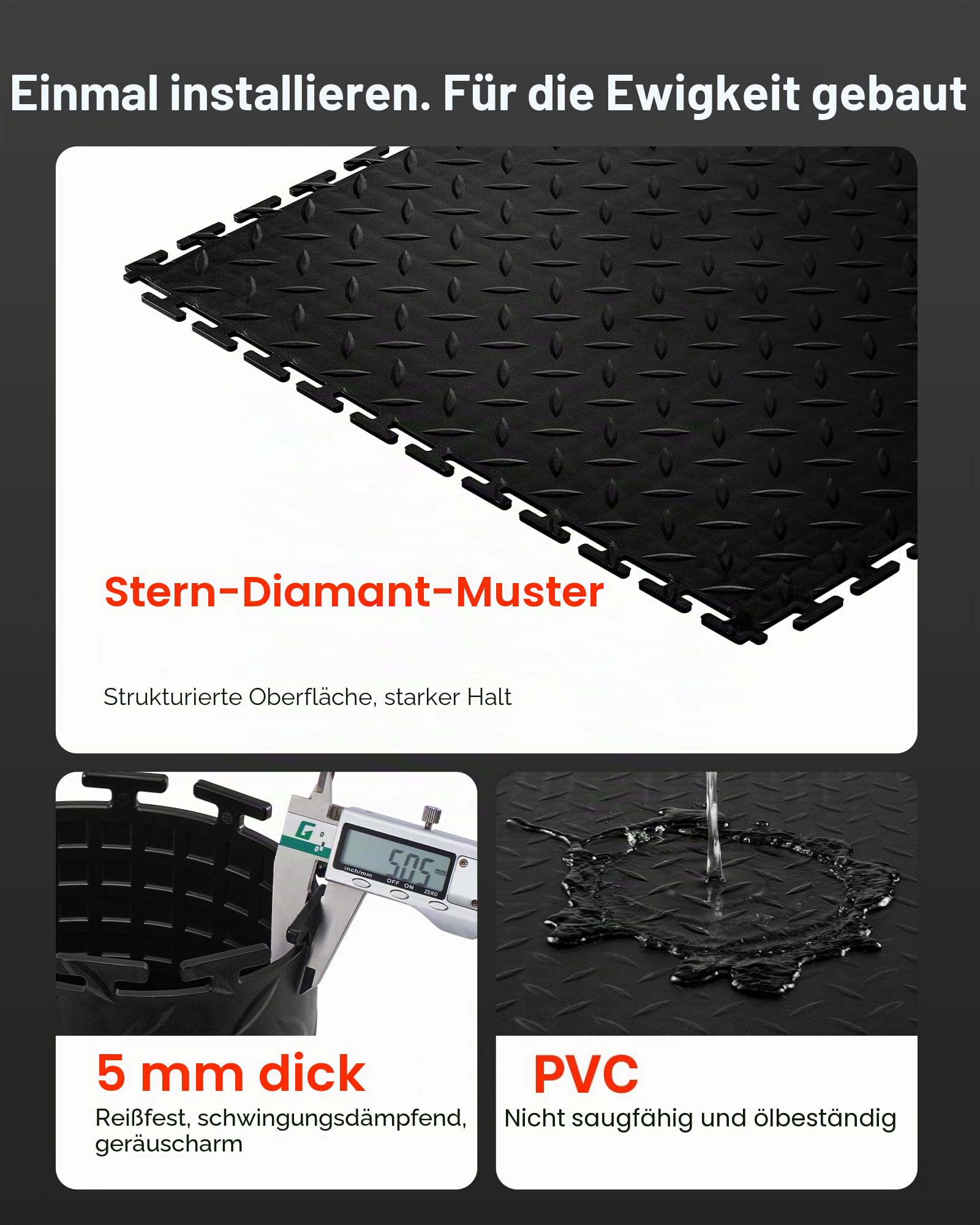VEVOR PVC Garagenboden, 8er-Pack 513x513x5 mm, Werkstattboden, Industrieboden, Klick Verlegung, rutschfeste PVC-Matten mit Diamantplatte für Werkstatt, Lager, Werkzeugraum, Schwarz