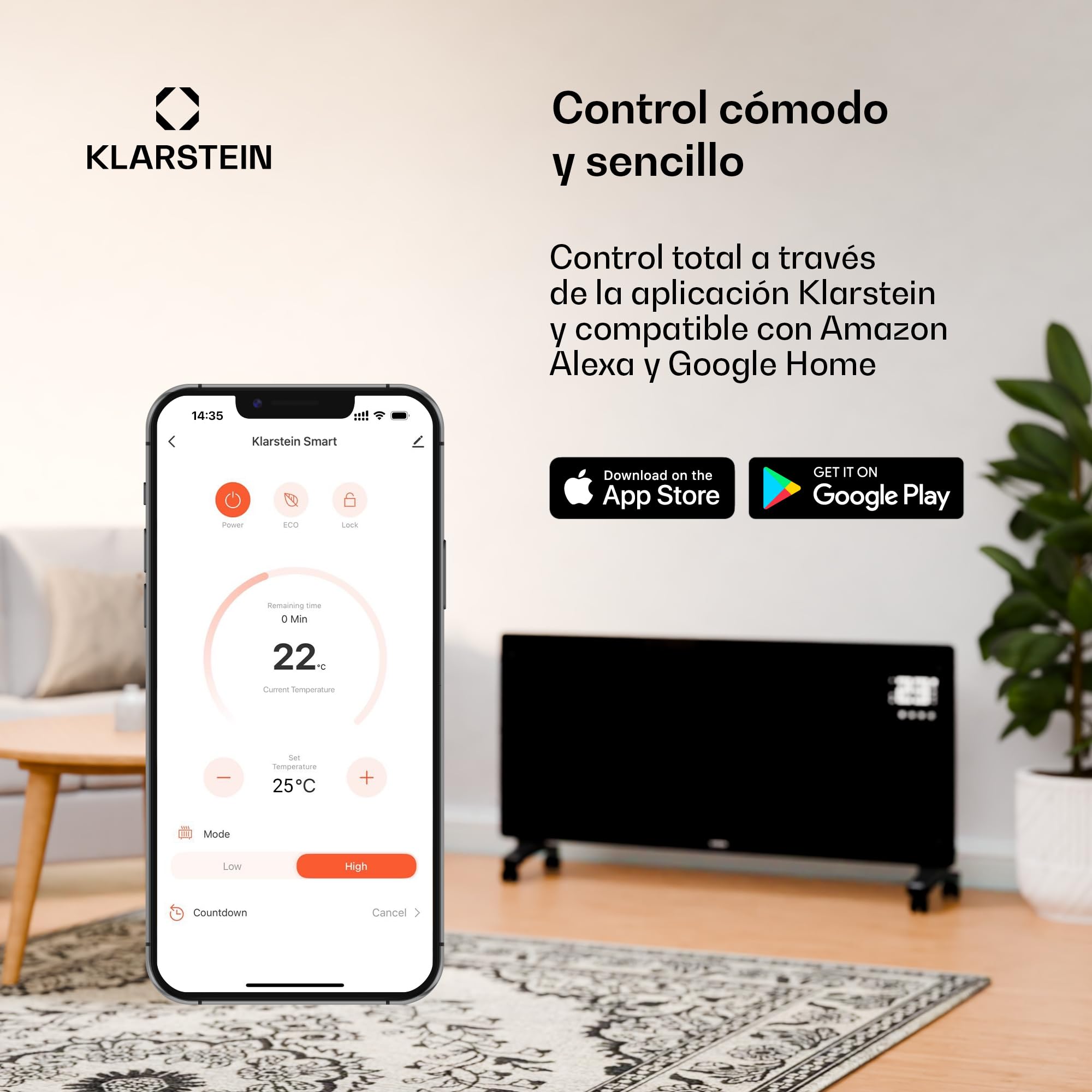 Klarstein Radiadores Bajo Consumo Electricos para Casa, Estufa Electrica de 2000W con Ruedas, Radiador Electrico Silencioso, Portátil y Delgado, Estufas con Panel para Pared, Pantalla y Termostato