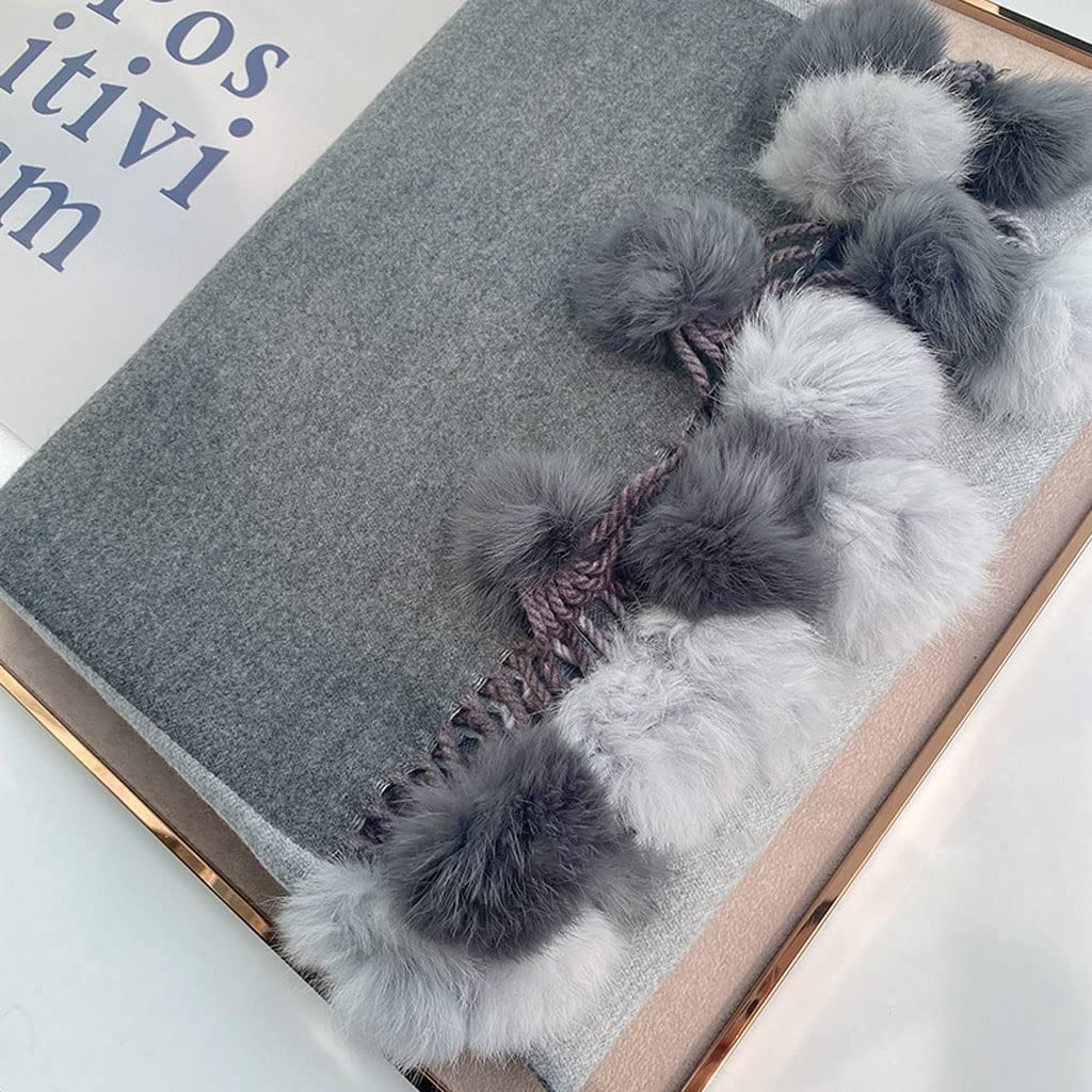 Szalik Zimowy Winter Lady Imitacja Kaszmirowy Szalik Królik Futro Pom Pom Pomien Ciepły Szal Wrap Kobiety Dwustronne Łączenie Długie Szaliki Tassel Szalik Szal(Grey)