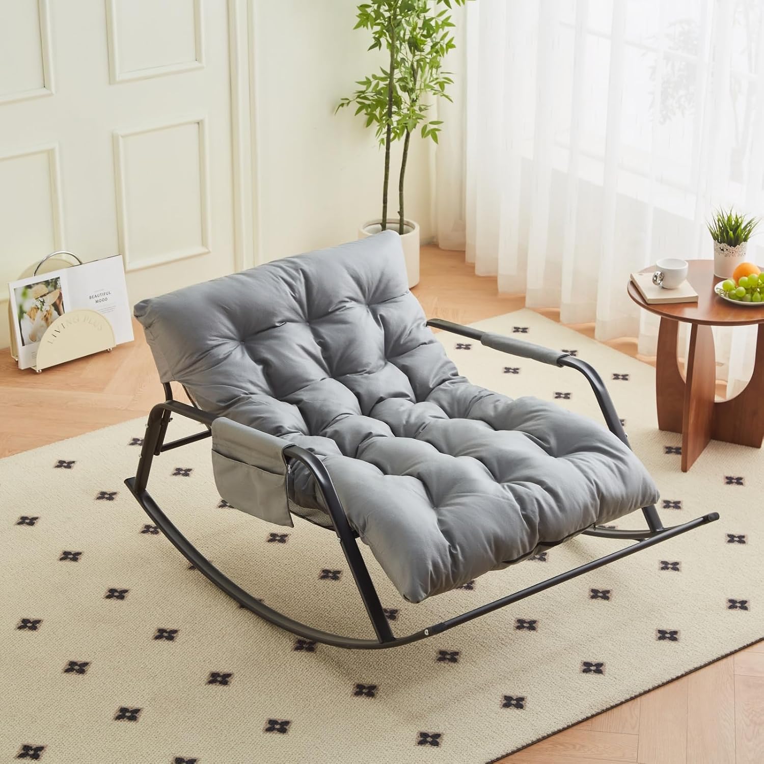 Rocking Chair with Extra-Wide Technical Leather Upholstered Gliding Chair Boucle Reclining Chair, Modern Accent Chair for Living Room Nursery Bedroom -Grey