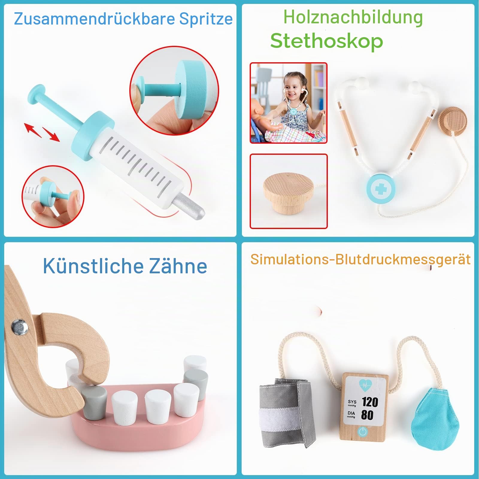 Jacootoys Holz Ärzte Set 18Pcs Zahnarzt Play Tragetasche Rollenspiel Medizinisches Spielzeug für Kinder Jungen Mädchen 3 + vorgeben