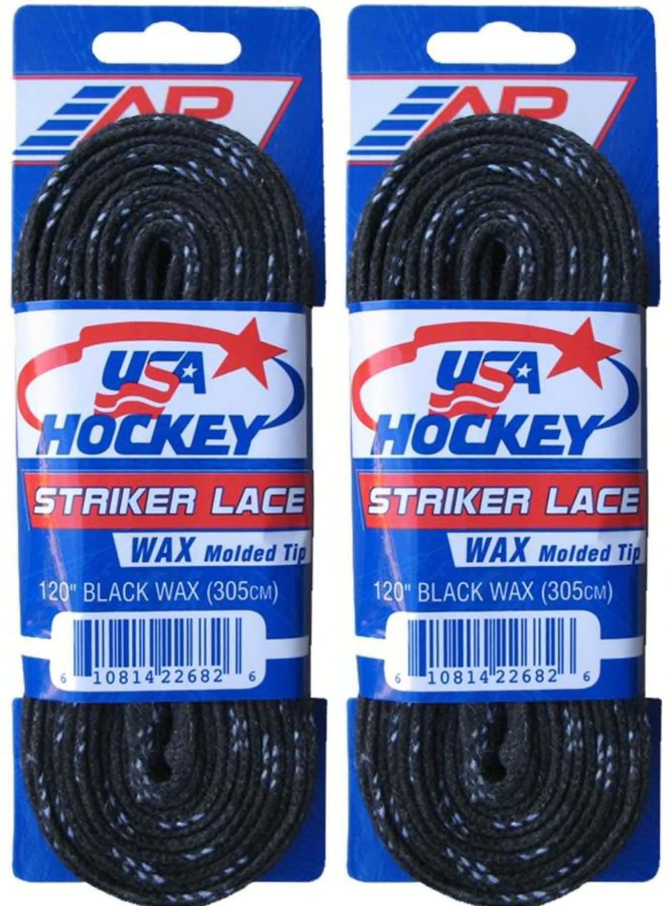 A&R 2 Pair USA Hockey Striker Waxed Molded Tip Skate Laces, Black (120