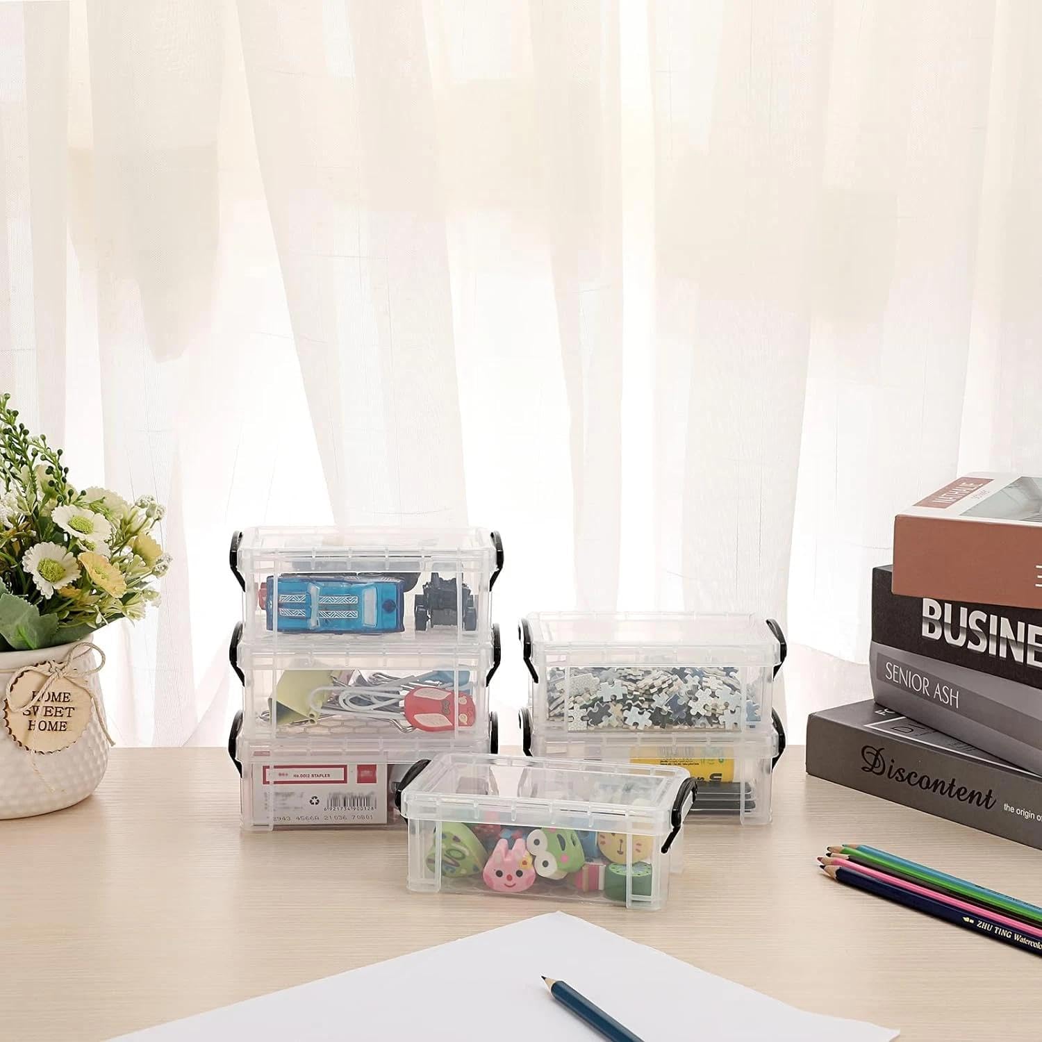 for 6 Pack Small Clear Plastic Storage Box with Lid Mini Sewing Box Organizer with B