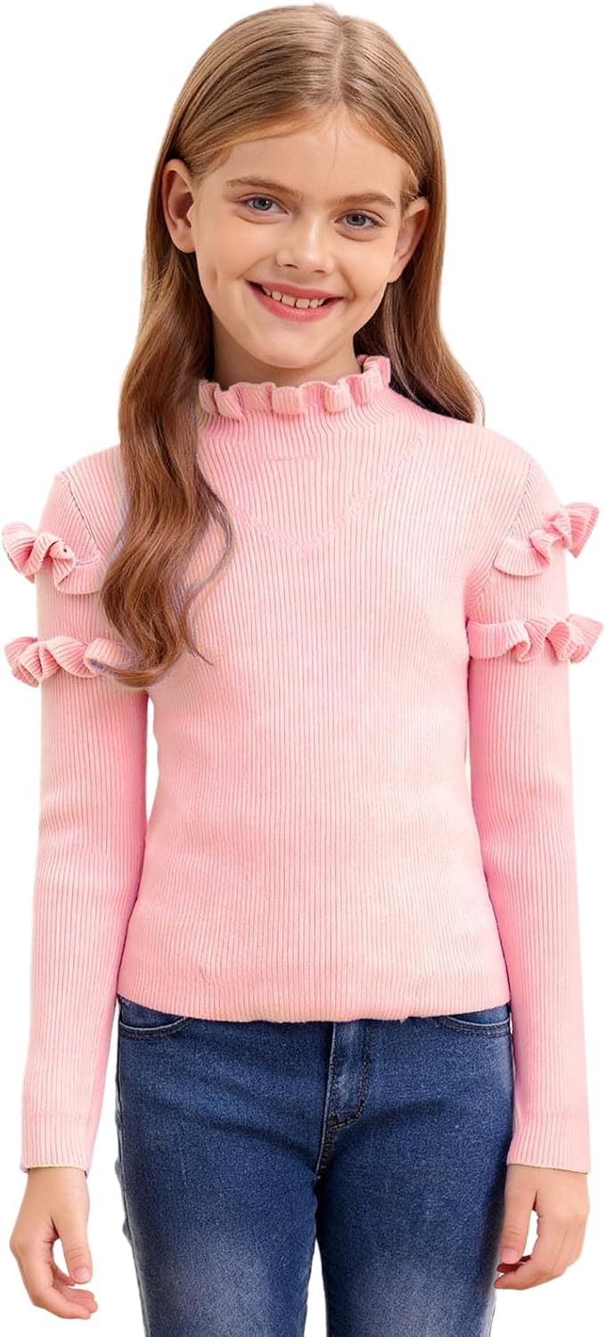 Jhaoyu Kids Girls Knitted Sweater Ruffle Long Sleeve Solid Color Ribbed Thermal Pullover Top Casual Daily Wear