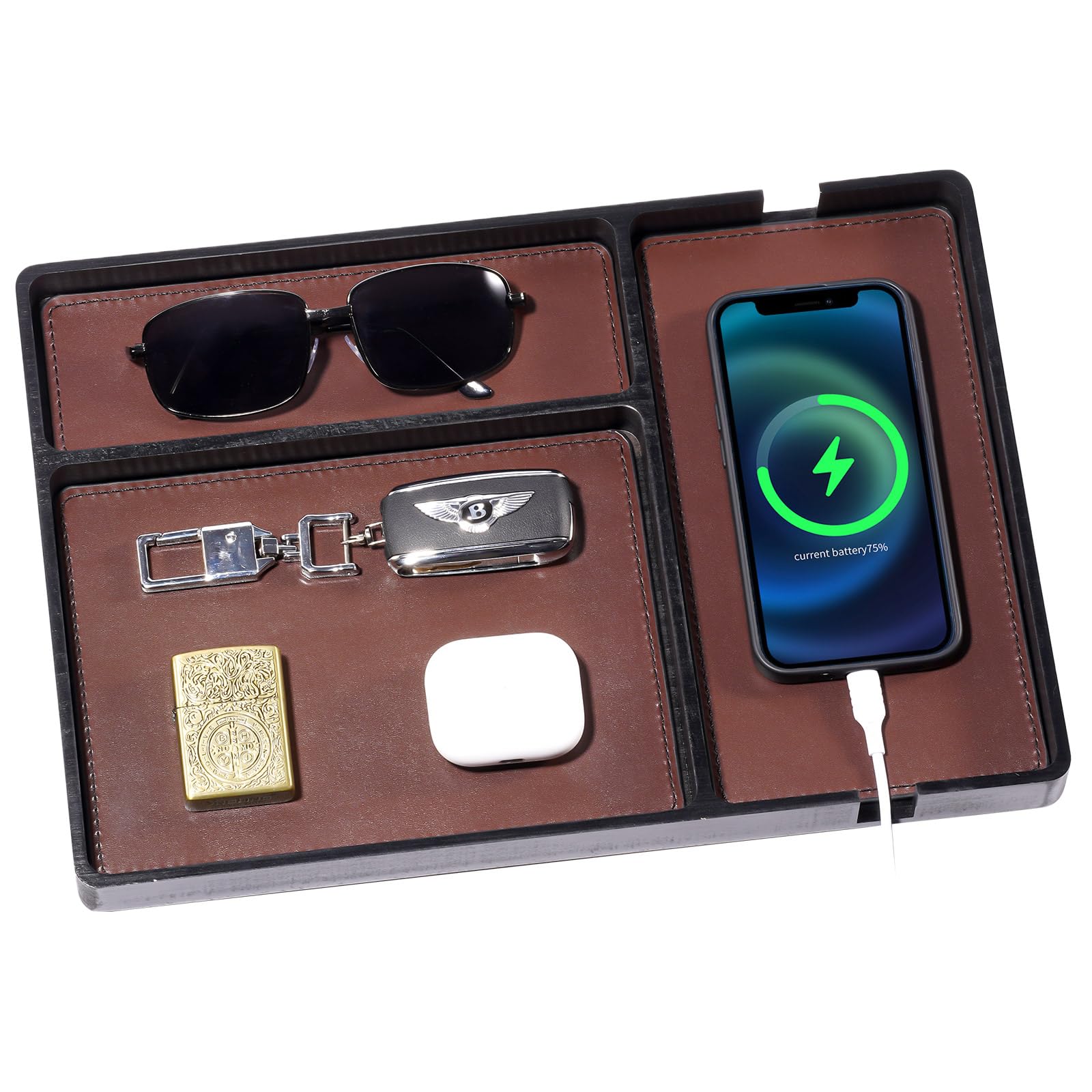 ProCaseProCase Wood Valet Tray with Removable Leather Pad for Men, Catchall EDC Organizer in Nightstand, Entryway, Bedroom, Storage Dish for Jewelry, Key, Perfume, Watch -Black