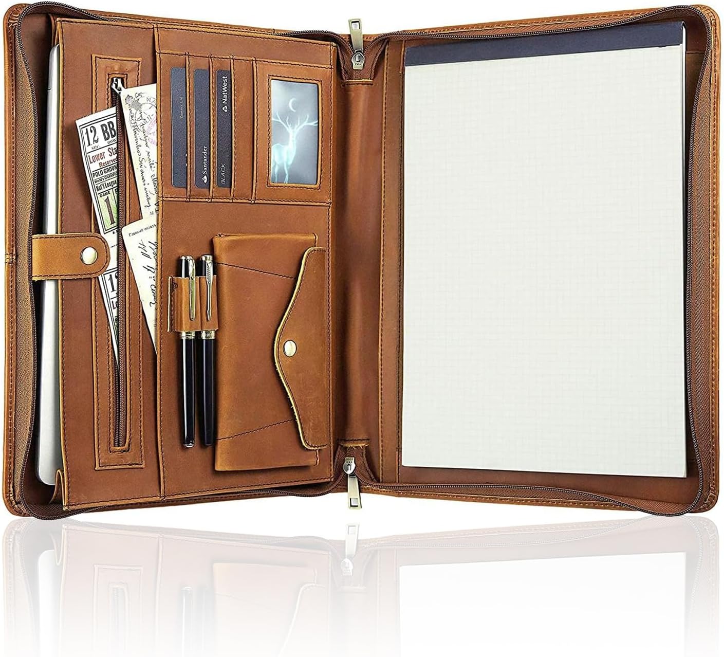 Calfinder Genuine Leather Padfolio, Business Portfolio Binder, Leather Portfolio for Women and Men,Padfolio with Zipper,Gift for Gratuates, Padfolio for 13.3" iPad/Resume