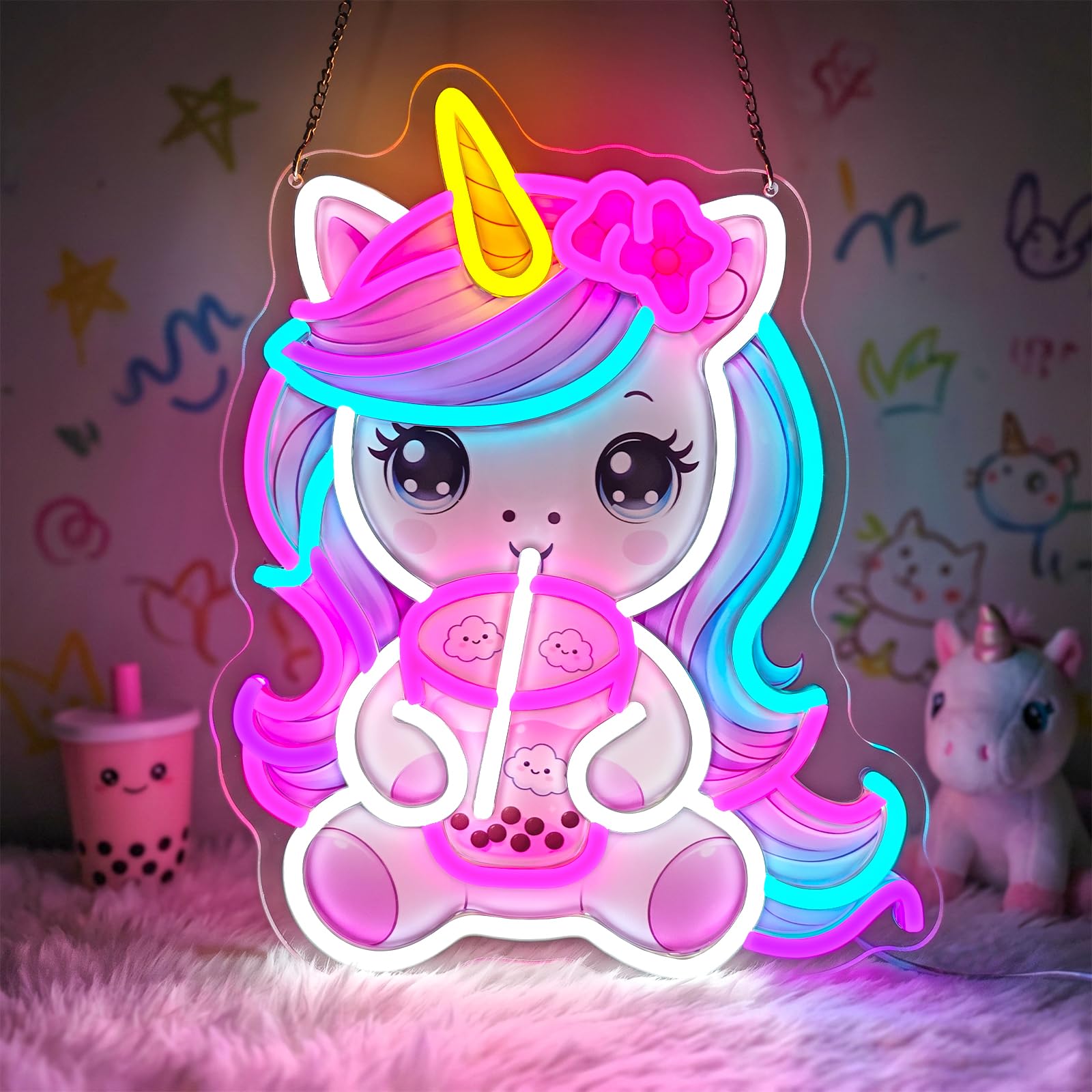 Flixyticy Neon Unicorn Bubble Tea Sign for Wall Decoration, Unicorn Boba Tea Light Advertisement, LED Hanging Sign for Doors for Bars, Bubble Tea Shops, Cafes, Bakeries (Unicorn)