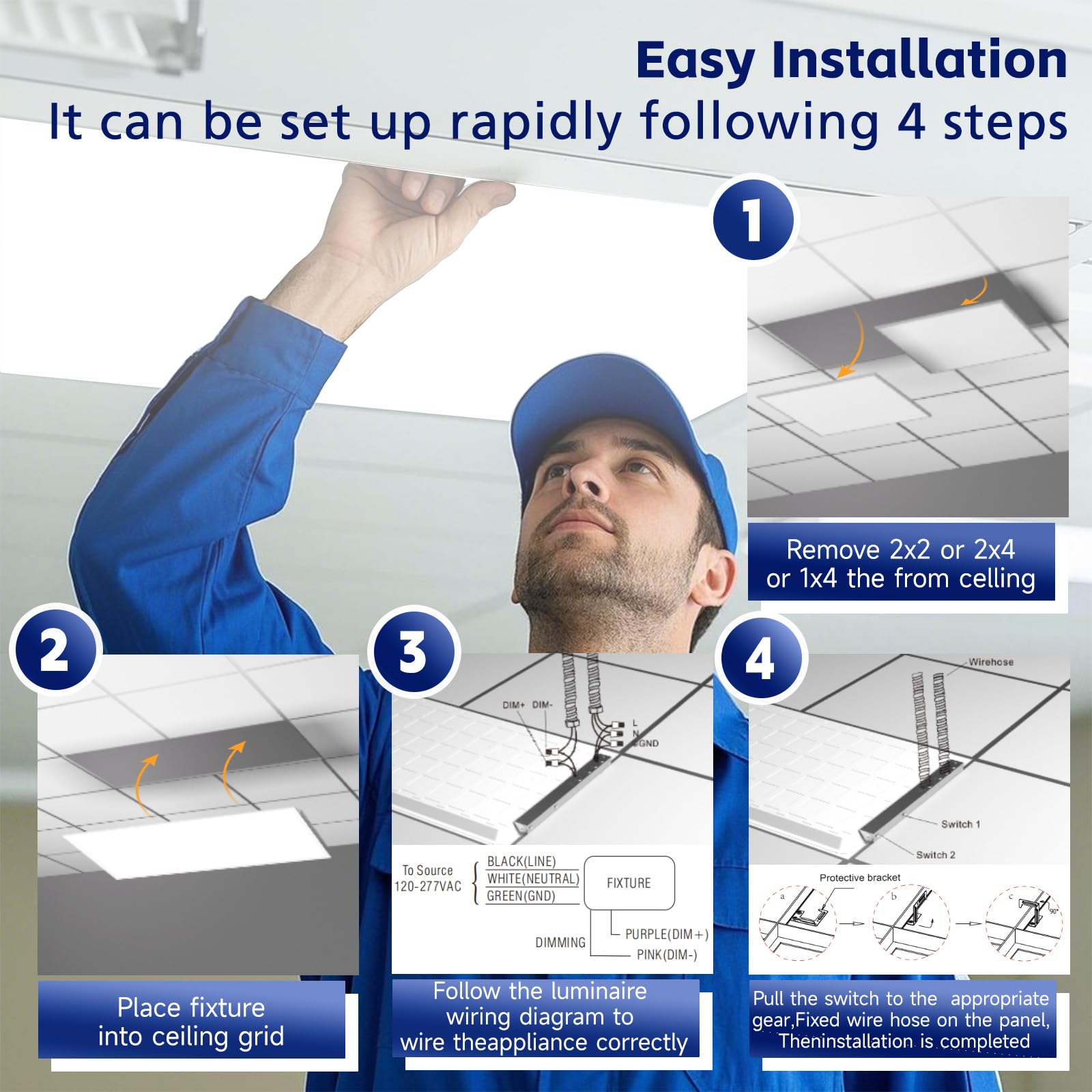 4 Pack 2x4 LED Flat Panel Light LED Drop Ceiling Light Fixture, 5 CCT 3000K-6500K Adjustable & 5 Wattage 30-72W Selectable Recessed Back-Lit Fixture for Office, ETL Listed