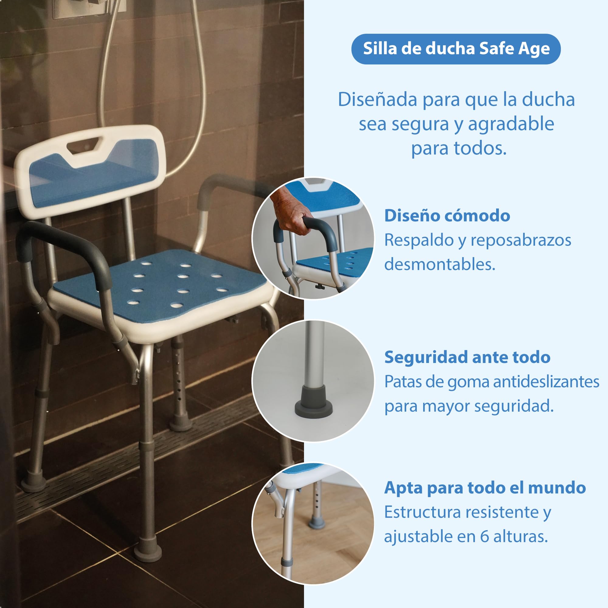 Safe Age Silla de Ducha para Personas Mayores - Antideslizante con Respaldo y Reposabrazos Extraíbles - Altura Regulable - Taburete de Ducha para Baño