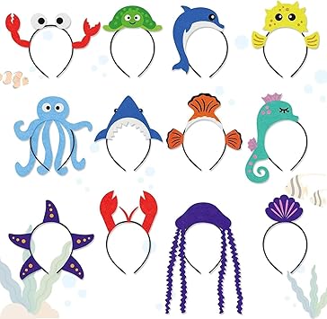 CiyvoLyeen 12Pcs Sea Animal Fish Headband Under the Sea Themed Birthday Ocean Party Favors Decorations for Students Costumes Dress-up Jellyfish Shark Octopus Turtle Dolphin See Horse Lobster Hat