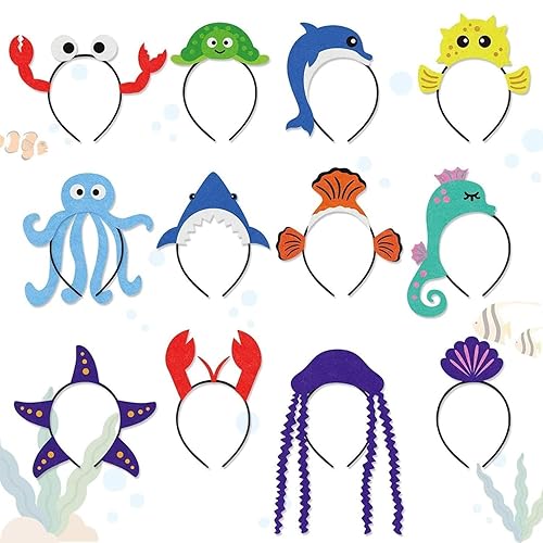 CiyvoLyeen 12Pcs Sea Animal Fish Headband Under the Sea Themed Birthday Ocean Party Favors Decorations for Students Costumes Dress-up Jellyfish Shark Octopus Turtle Dolphin See Horse Lobster Hat - Ocean
