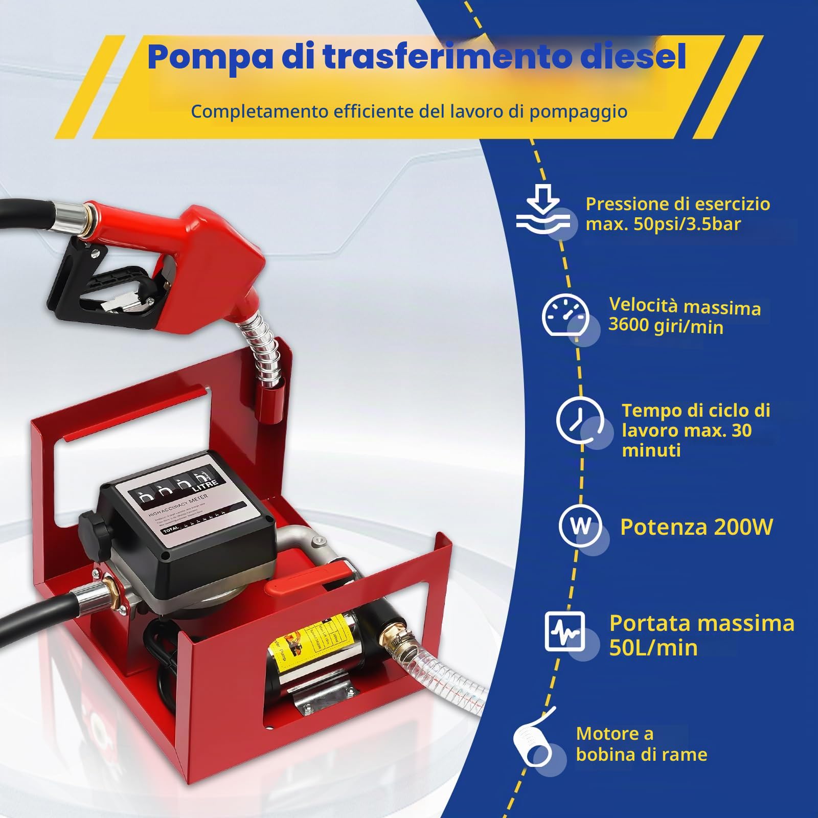Pompa diesel, 230 V, 200 W, 50 l/min, pompa diesel autoadescante, set completo, pistola automatica dell'olio, con filtro diesel e maniglia, stazione di benzina, impianto di benzina, pompa dell'olio