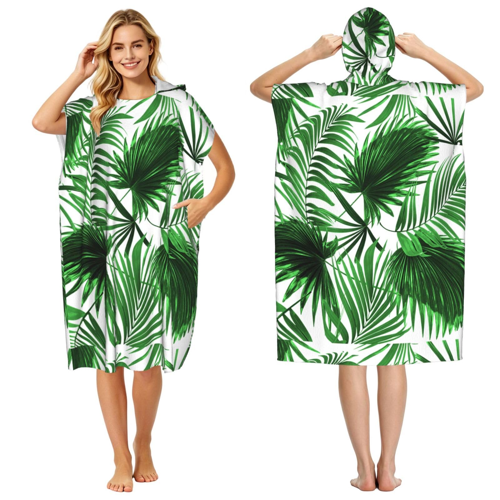 Poadnly Palm Leaf Print, Adult Hooded Beach Towel 90 x 110 cm,Changing Bath Robe, Surf Poncho Towel For Women Men