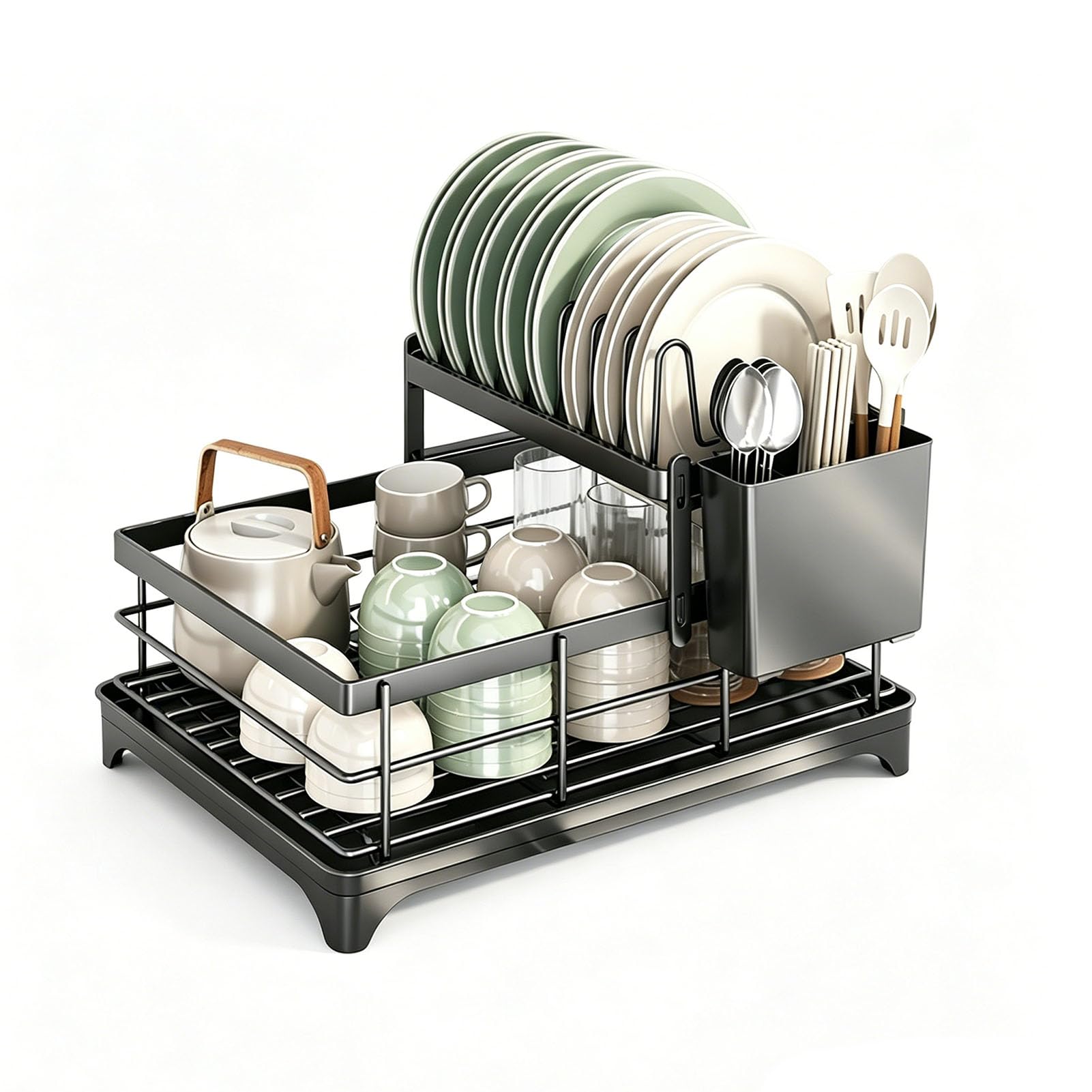 Abtropfgestell mit herausziehbarer Abtropfschale, Multi-Grid-Design, platzsparender Küchentheken-Organizer zum Trocknen von Haushaltsgeschirr, 1 Etage