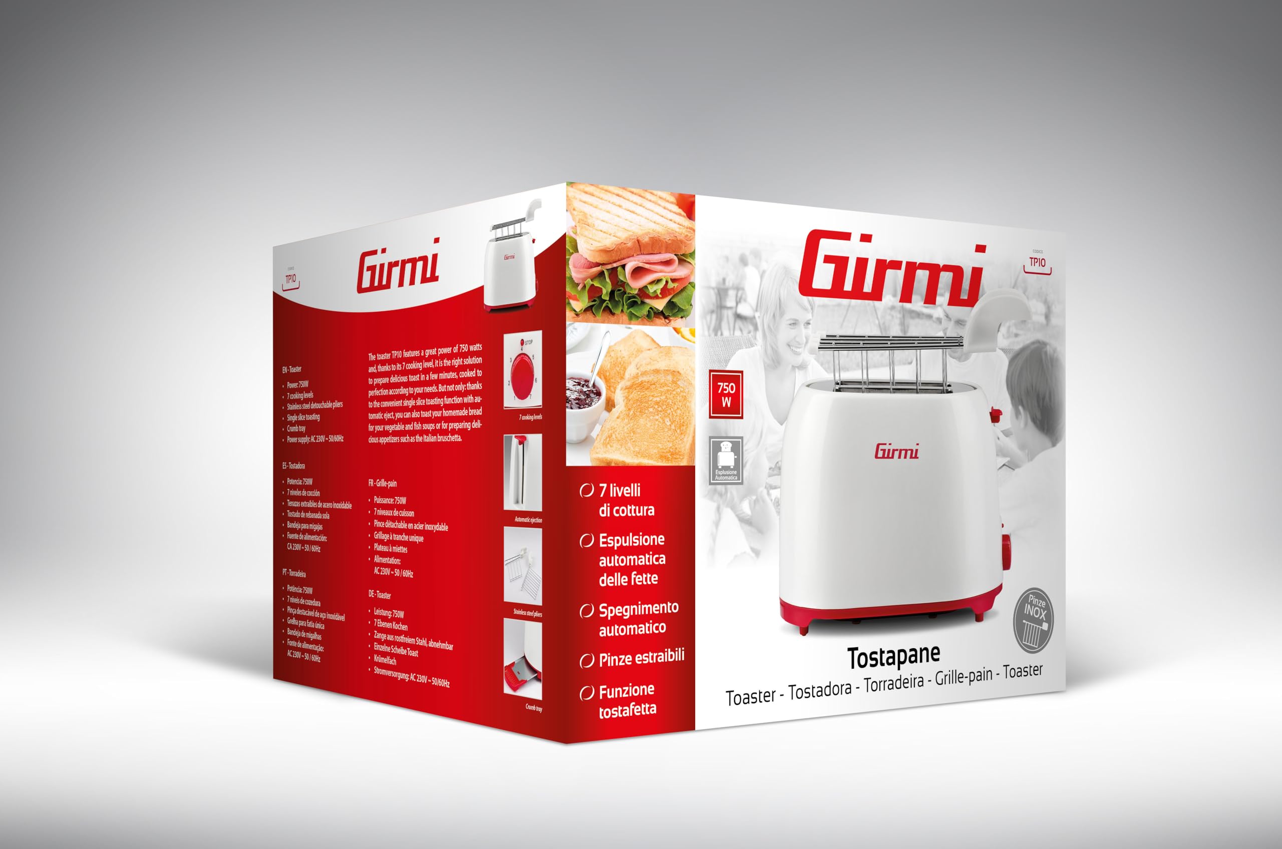 Girmi TP10 Tostapane, 750 W, Plastica, Acciaio Inossidabile, 2 Scomparti, Bianco