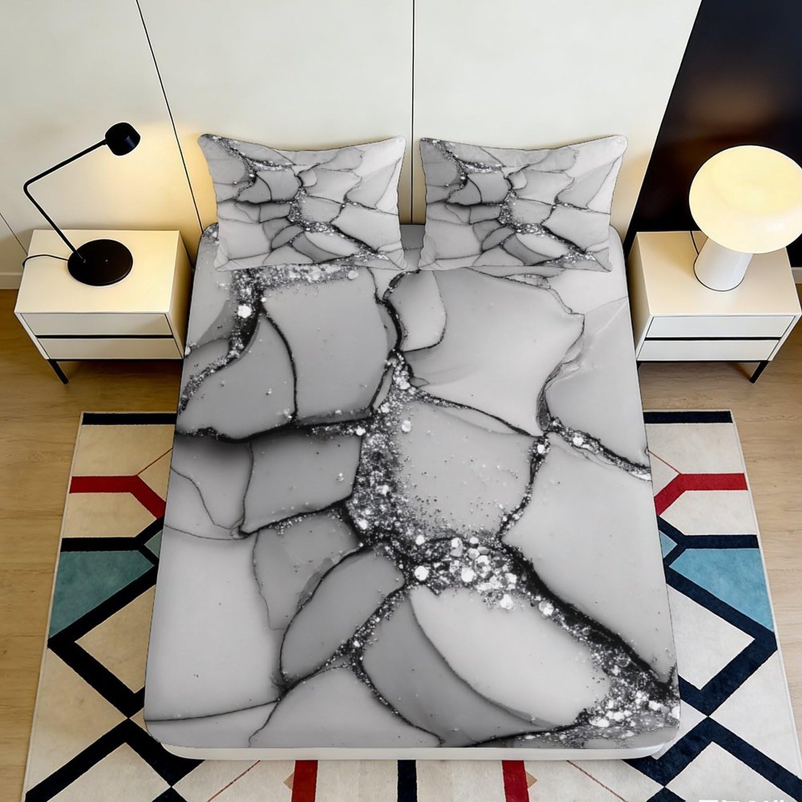 3D Printed Grey Marble Fitted Sheet Microfiber Soft Breathable Black Vein Mattress Cover for Bedroom Dormitory Guest Room Mattress Protection Decor 160x200x25cm