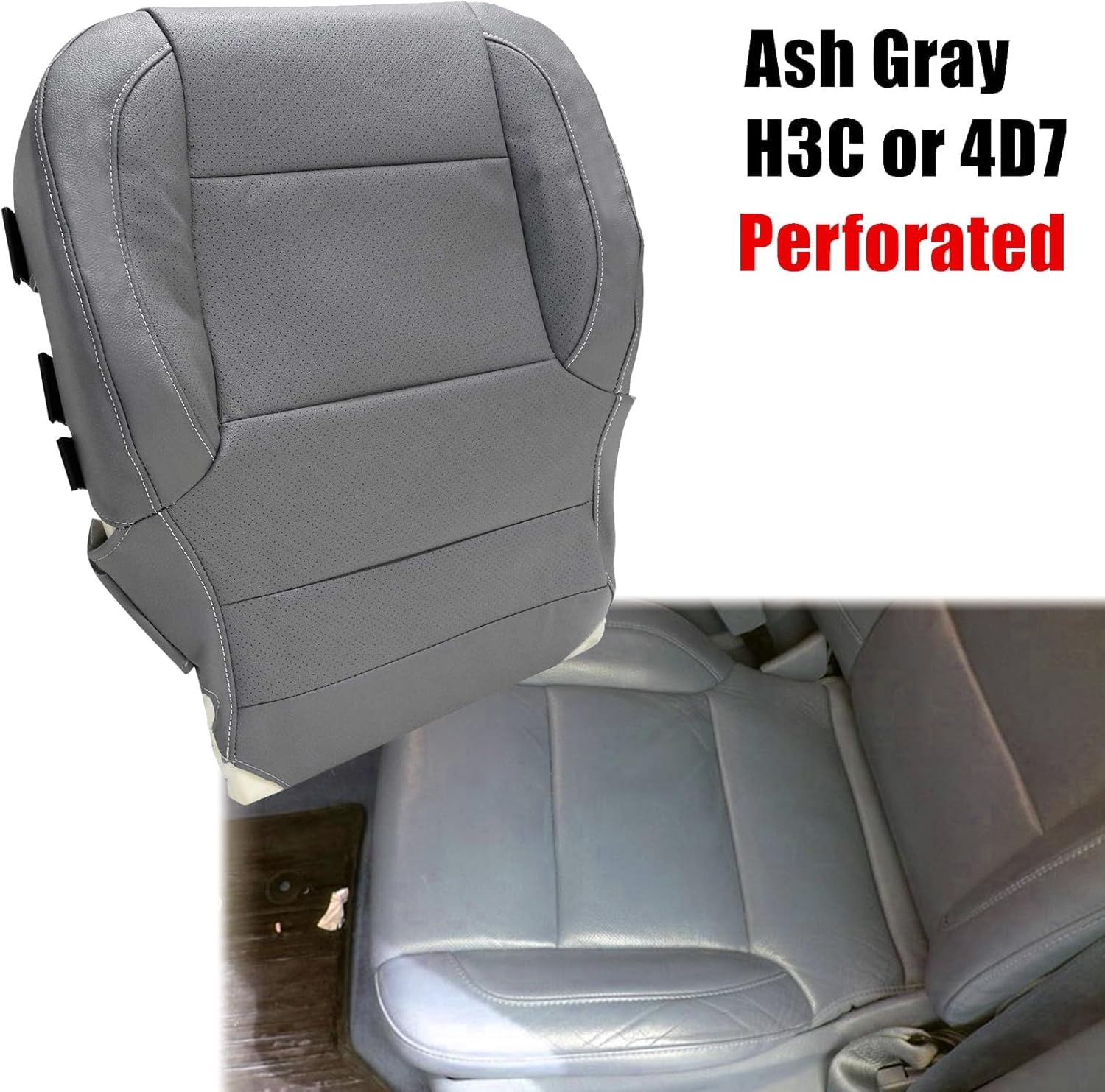NLQR Driver or Passenger Side Bottom Replacement Perforated Leather Seat Cover Gray#H3C or 4D7 Compatible with Chevy Silverado Sierra Tahoe Suburban 2014 2015 2016 2017 2018 2019