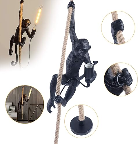 Miniatura 7 de Lámpara colgante vintage de mono de resina, cuerda de cáñamo, lámpara colgante de techo Edison industrial E27 para comedor, sala de estar,