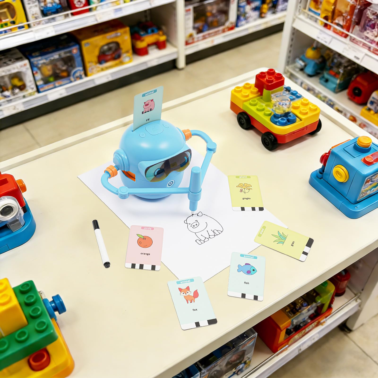 Robot de dibujo para niños, juguetes educativos para dibujar | con 100 tarjetas y 12 lápices de colores, función de dibujo automático, material ABS azul, para niños de 3 a 10 años