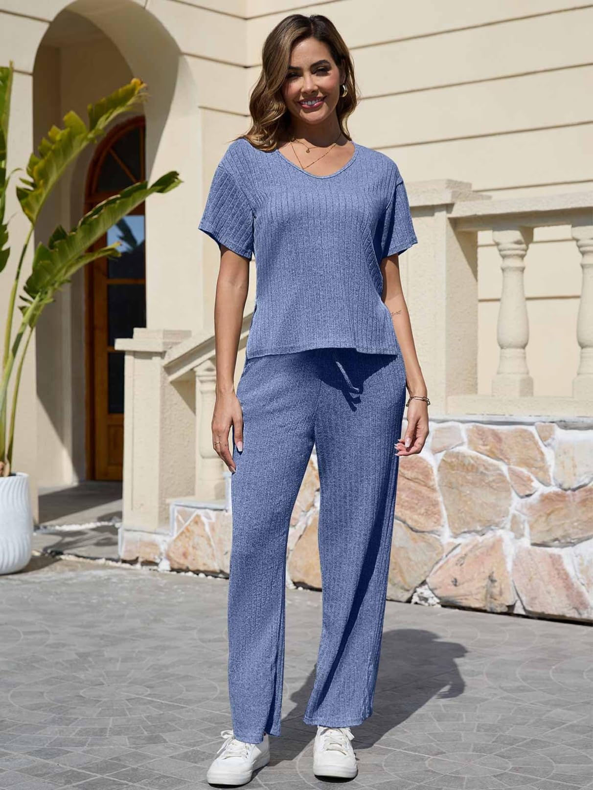 CheChury Conjunto Chándal Dos Piezas Mujer Casual Conjunto de Camiseta de Manga Corta y Pantalones Conjunto de 2 Piezas de Verano Mujer Conjunto Deportivo Cómodo Conjuntos Lounge Ropa Verano Pijama