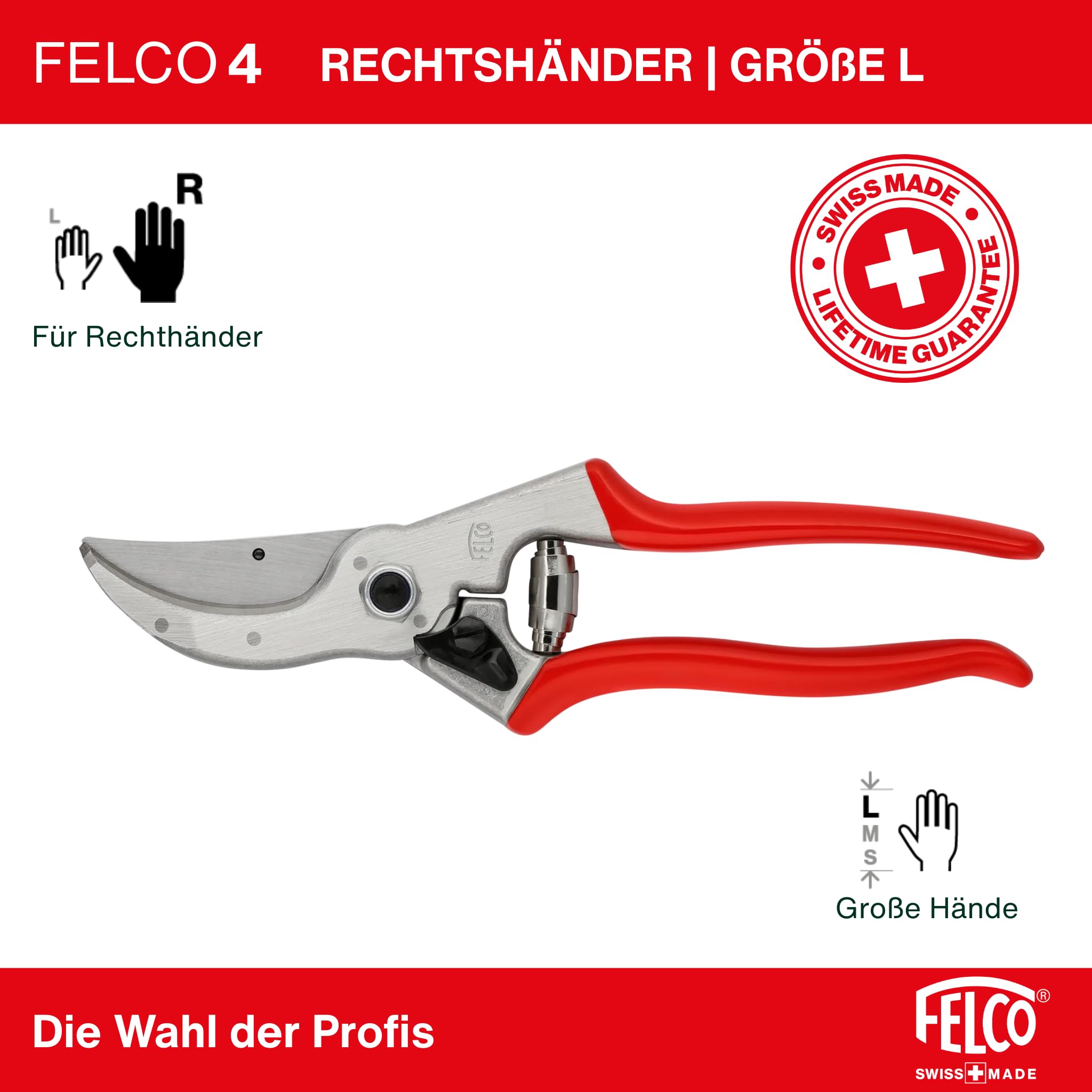 FELCO 4 Bypass-Gartenschere für Rechtshänder mit großen Händen, 25 mm