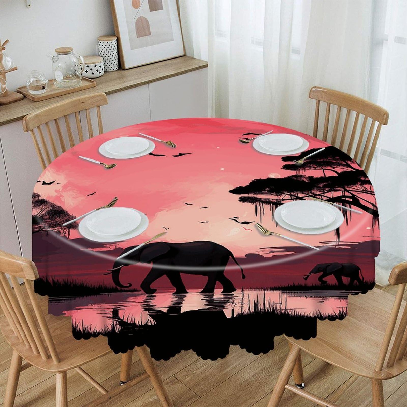 FekiLoot Pink Moon Elephant Round Tablecloths 60 Inch Resistant Washable Polyester Table Cloth Style Decorative Circle Fabric Table Cover for Dining Kitchen Party Farmhouse Outdoor