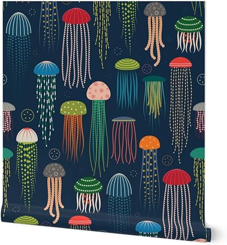 Spoonflower Papel tapiz autoadhesivo de 9 x 2 pies, medusas, brillantes, animales modernos, coloridos, océano, natación, criaturas marinas,