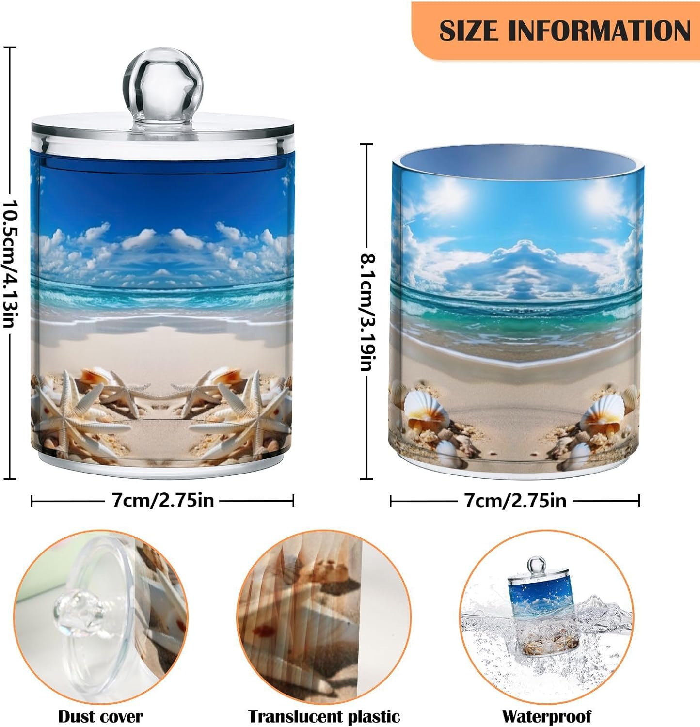 Beautiful Beach Scene Qtip Holder 4 Pack - 10 Oz Clear Plastic Apothecary Jar Set for Bathroom Organization - Versatile Canister Storage for Cotton Balls, Swabs, Rounds