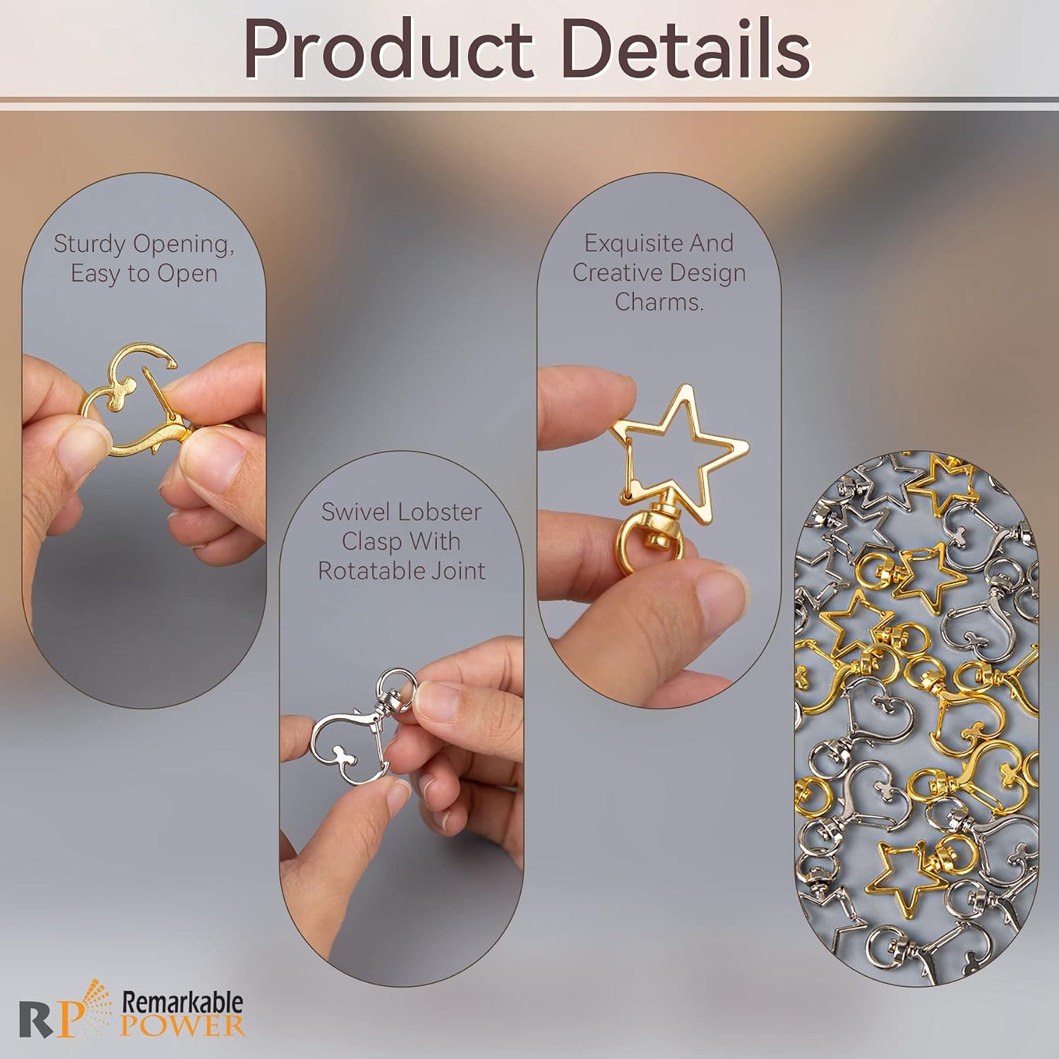 100 Pack Silver Gold Metal Star Heart Shape Claw Swivel Lobster Clasp Snap Hook Keychain Clip Alloy Spring for DIY Jewelry Making Bag Accessories